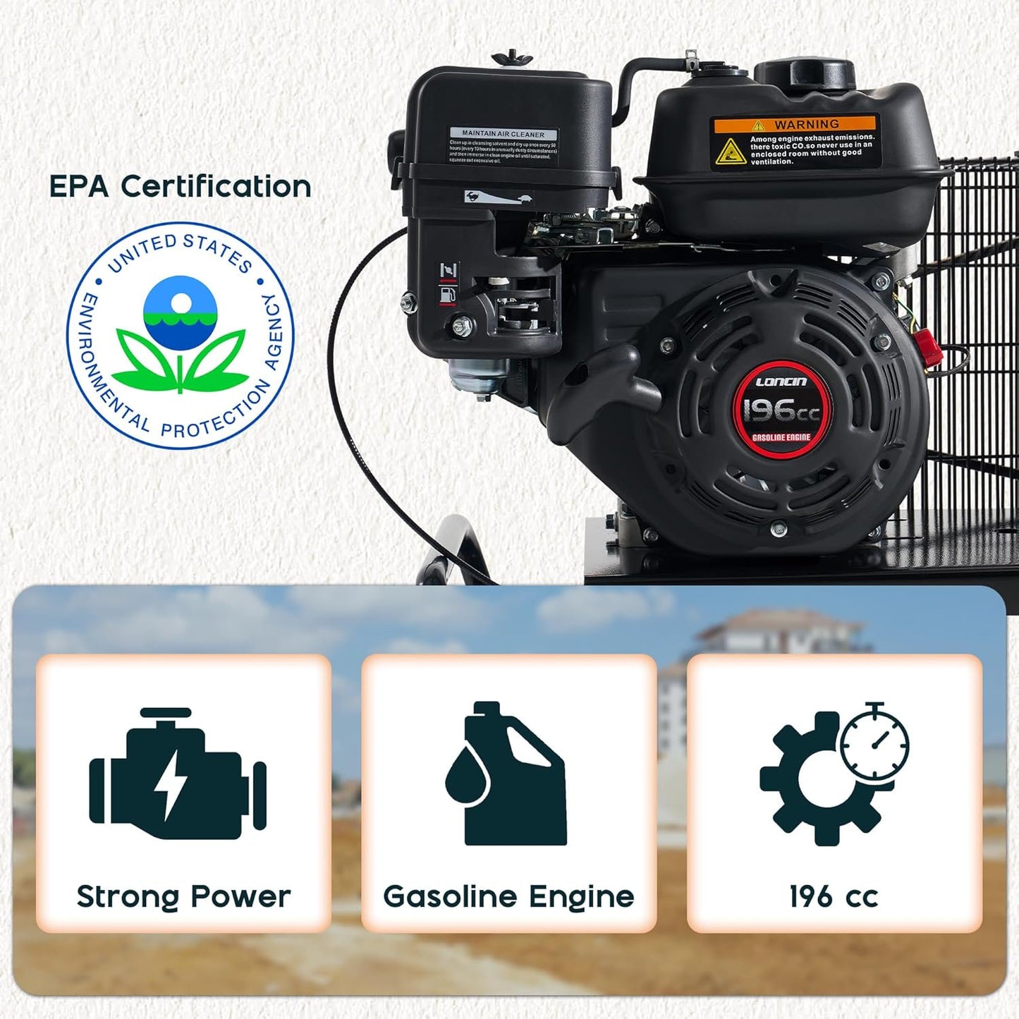 Jocisland 6.5HP Gas Powered Air Compressor, 20 Gallon Horizontal Tank with Wheels 10.7CFM@Max 115PSI, 196cc Loncin Engine Gasoline Driven Piston Pump Air Compressor for Workshop, Construction Sites