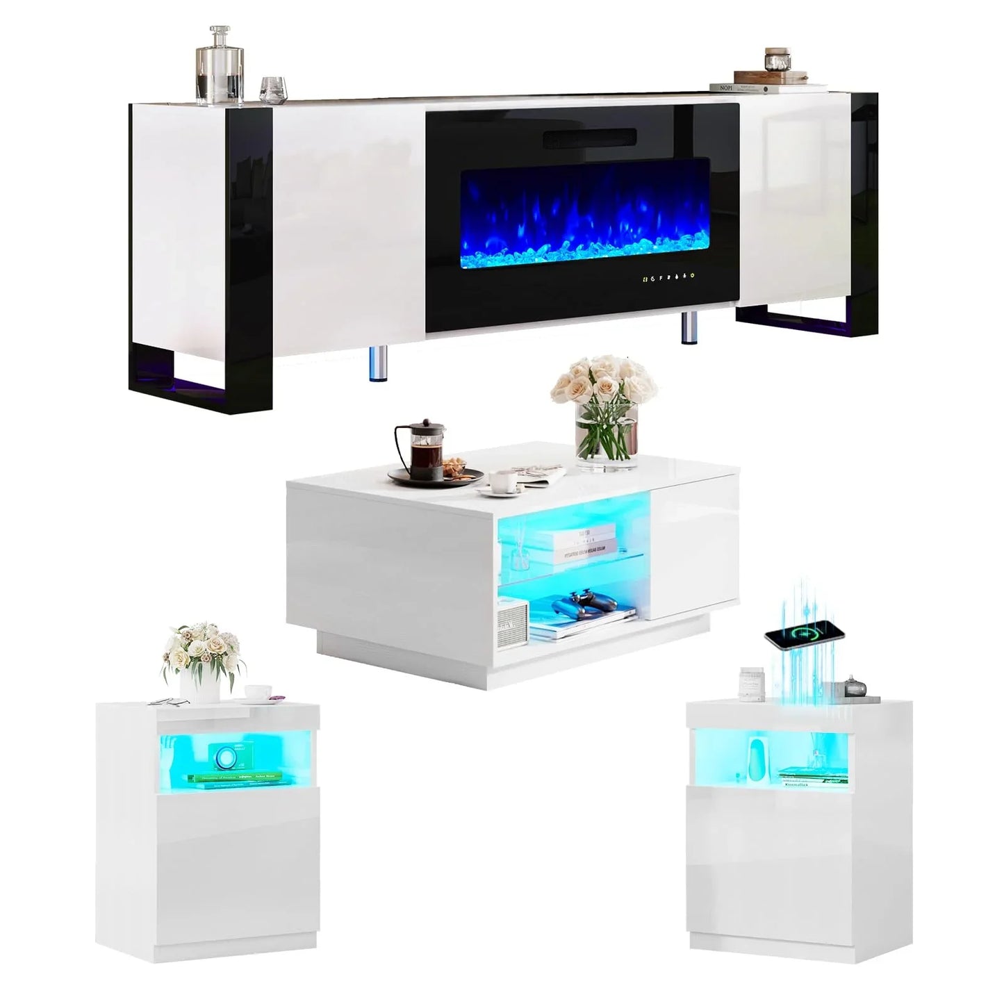4-Piece Living Room Table Set, includes 70 Inch Fireplce TV Stand, Modern Coffee Table, LED Light Nightstands Set of 2, High Glossy Table Sets for Living Room Bedroom Office