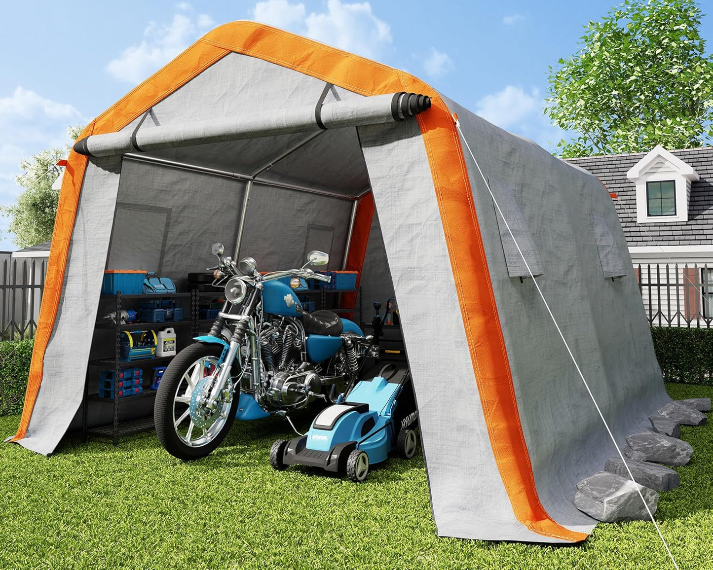 LUXOAK 6x8x6.6 ft Heavy Duty Portable Shed Storage Shelter, Outdoor Storage Shed with Roll-up Zipper Door & 2 Waterproof Windows, Carport for Motorcycle, Bike, Grey