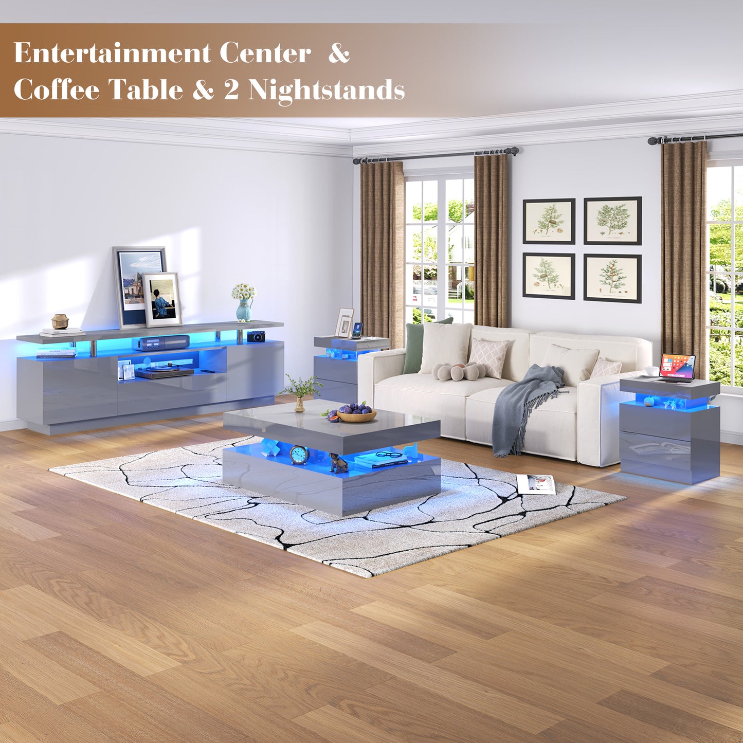 4-Piece Living Room Table Set Includes Modern 70" TV Stand, Coffee Table and Nightstands Set of 2 with LED Lights, High Glossy Coffee Table Set for Bedroom & Office, White