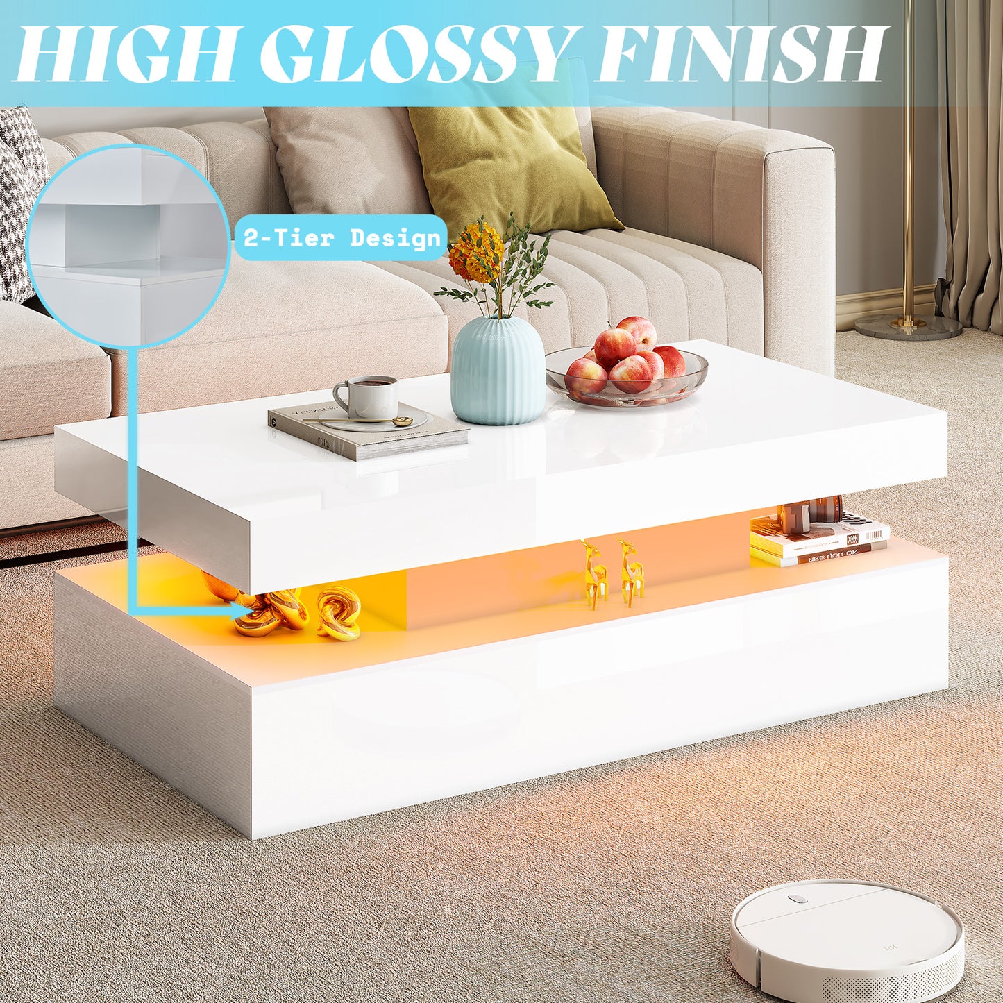 AMERLIFE High Gloss 3 Pieces Living Room Table Set, Modern LED Coffee Table Sets of 3, 2-tier Center Table with 2 End Side Tables, LED Lights Bedside Table Nightstands with Charging Station, Black