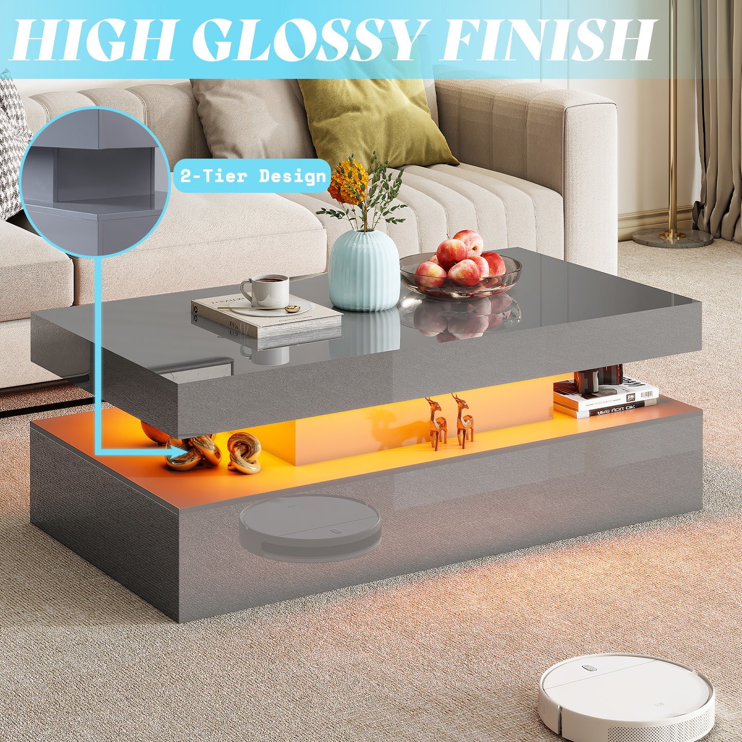 AMERLIFE High Gloss 3 Pieces Living Room Table Set, Modern LED Coffee Table Sets of 3, 2-tier Center Table with 2 End Side Tables, LED Lights Bedside Table Nightstands with Charging Station, Black