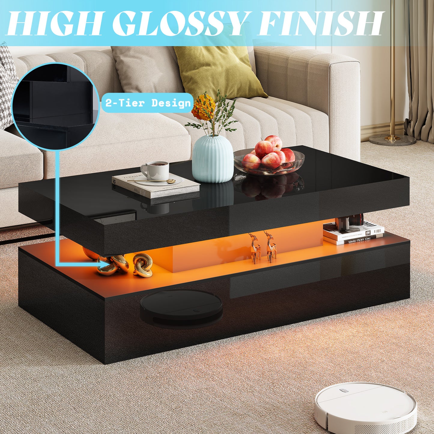 AMERLIFE High Gloss 3 Pieces Living Room Table Set, Modern LED Coffee Table Sets of 3, 2-tier Center Table with 2 End Side Tables, LED Lights Bedside Table Nightstands with Charging Station, Black