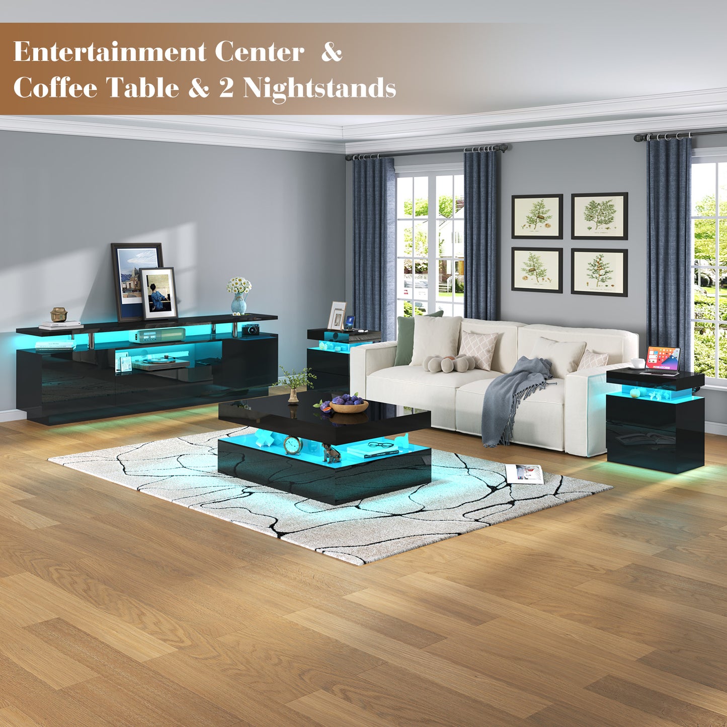 4-Piece Living Room Table Set Includes Modern 70" TV Stand, Coffee Table and Nightstands Set of 2 with LED Lights, High Glossy Coffee Table Set for Bedroom & Office, White