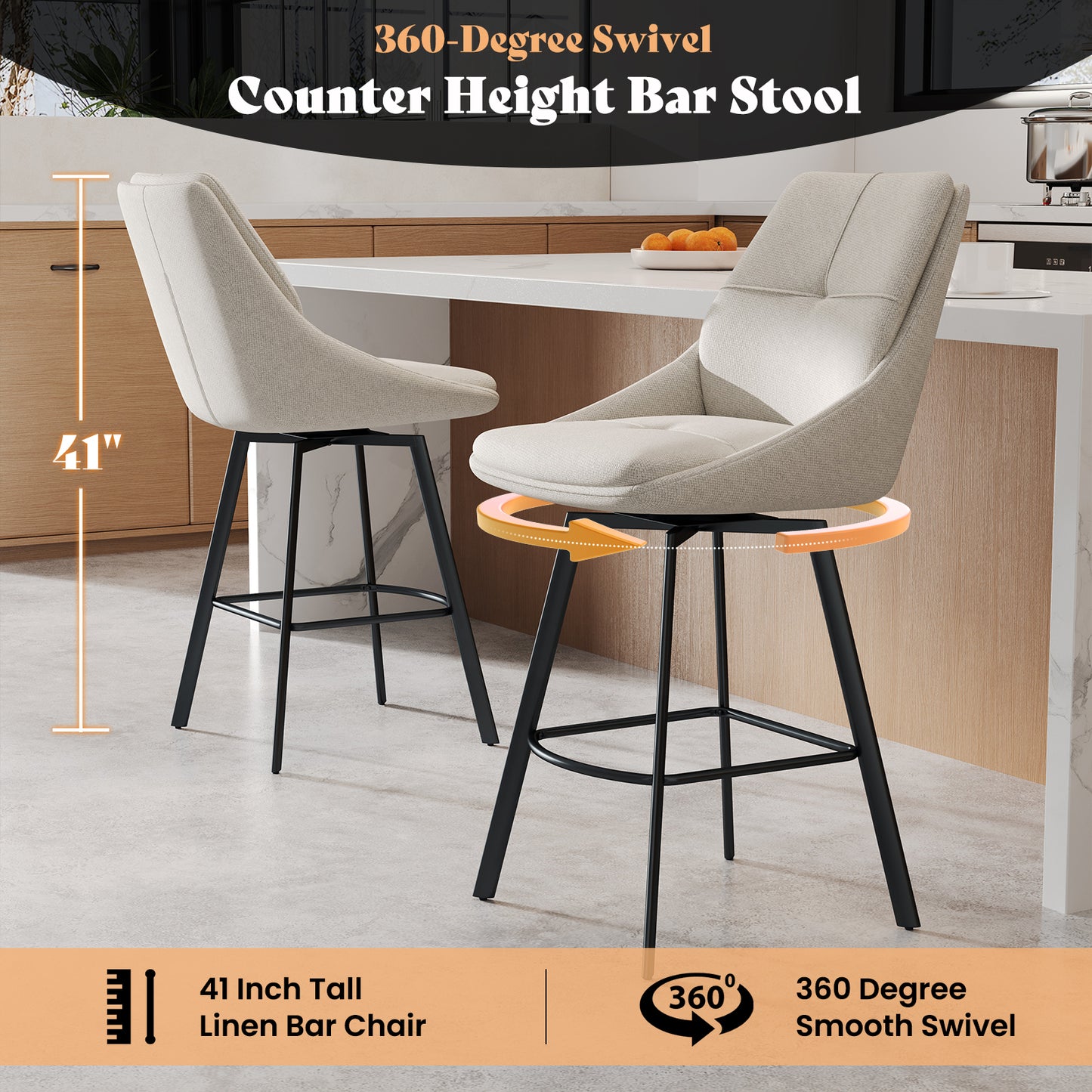 Melucy Counter Height Bar Stools Set of 2, 360° Swivel Bar Stools with Curved Back and Large Seat Cushion, 41" Tall Linen Bar Chair with Metal Footrest, Modern Barstools for Kitchen Island, Black