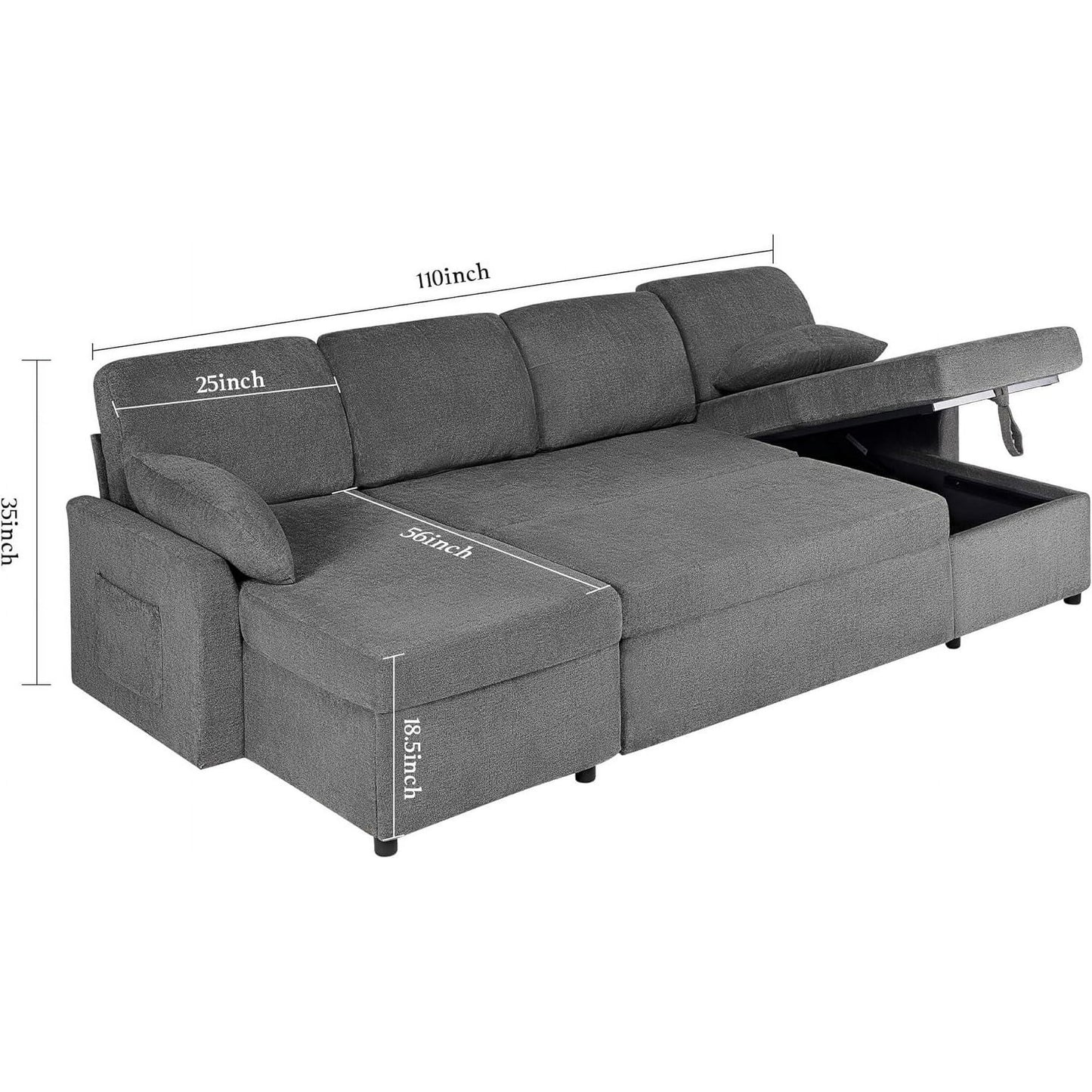 Sleeper Sofa, 110 inch Oversize Sofa Bed with 2 Storage Chaise for Living Room, Grey Chenille
