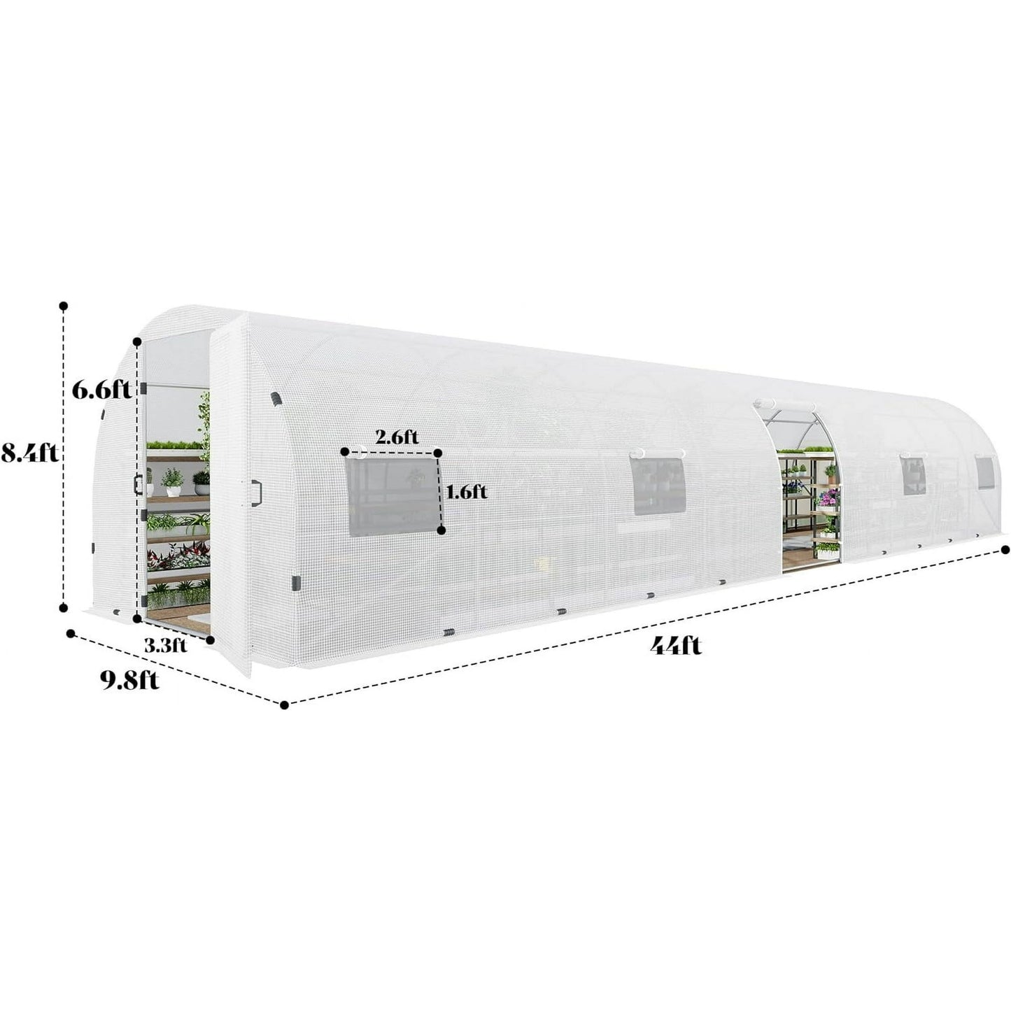 44x10x7.5 ft Outdoor Tunnel Greenhouse, Ships in 2 Packages, with Swing Door, Premium PE Cover, Film Clips, White, Clear Cover Patter