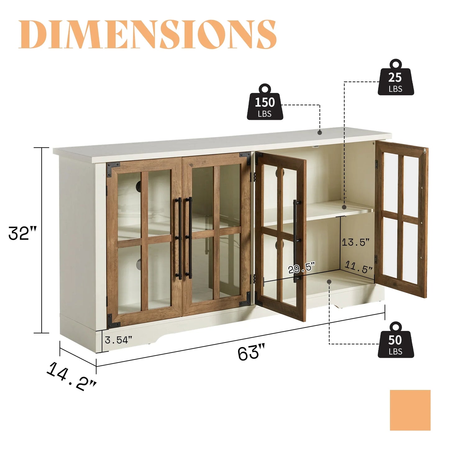 63" Buffet Sideboard Cabinet with Storage, Large Modern Farmhouse Cabinet with 4 Doors