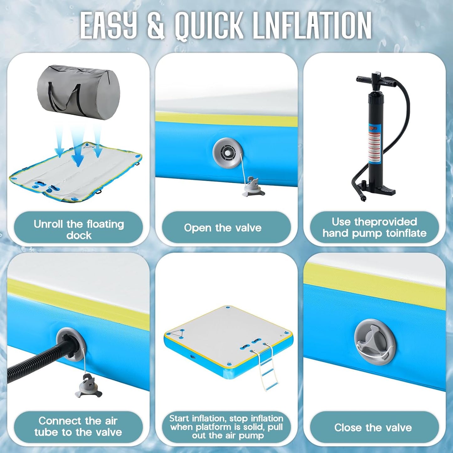 Jocisland 6x6 ft Inflatable Floating Dock with Non-Slip Surface, Detachable Ladder, Multi-Person Swim Platform for Pool, Beach, Ocean, Gray+Blue