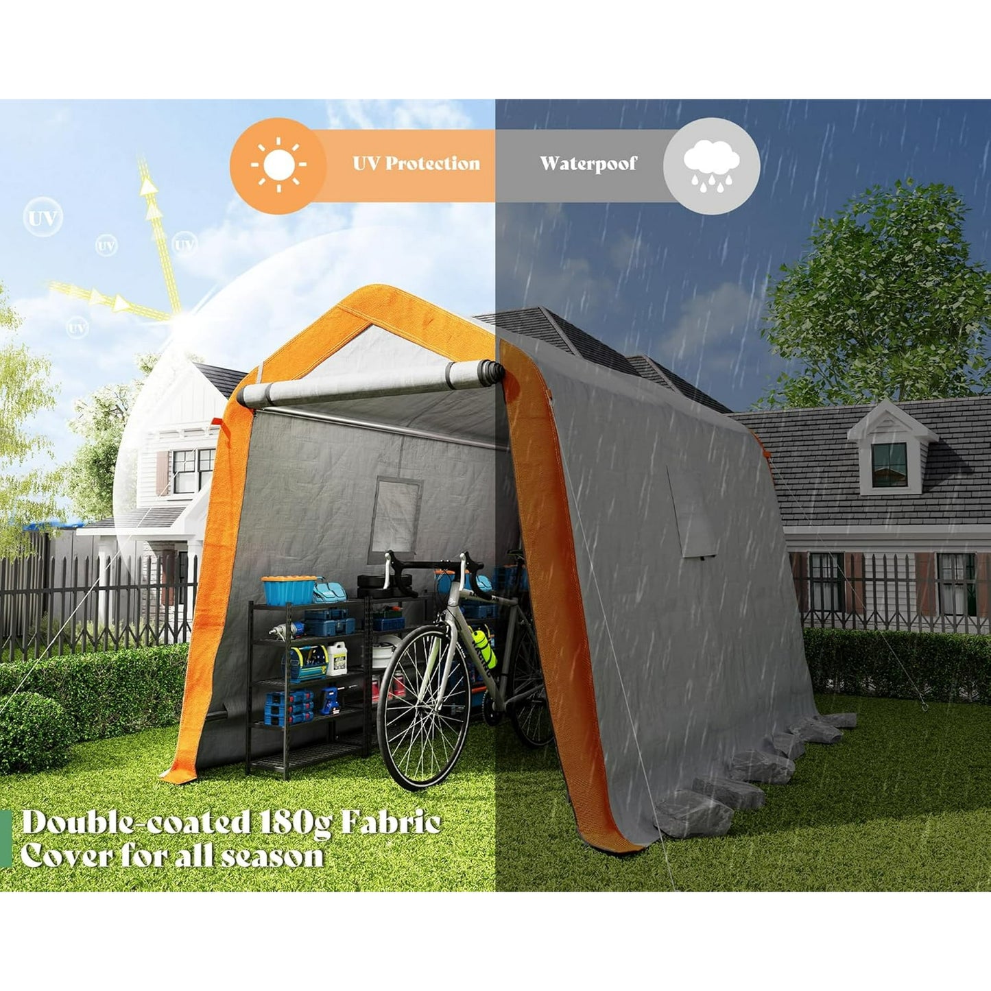 LUXOAK 6x8x6.6 ft Heavy Duty Portable Shed Storage Shelter, Outdoor Storage Shed with Roll-up Zipper Door & 2 Waterproof Windows, Carport for Motorcycle, Bike, Grey
