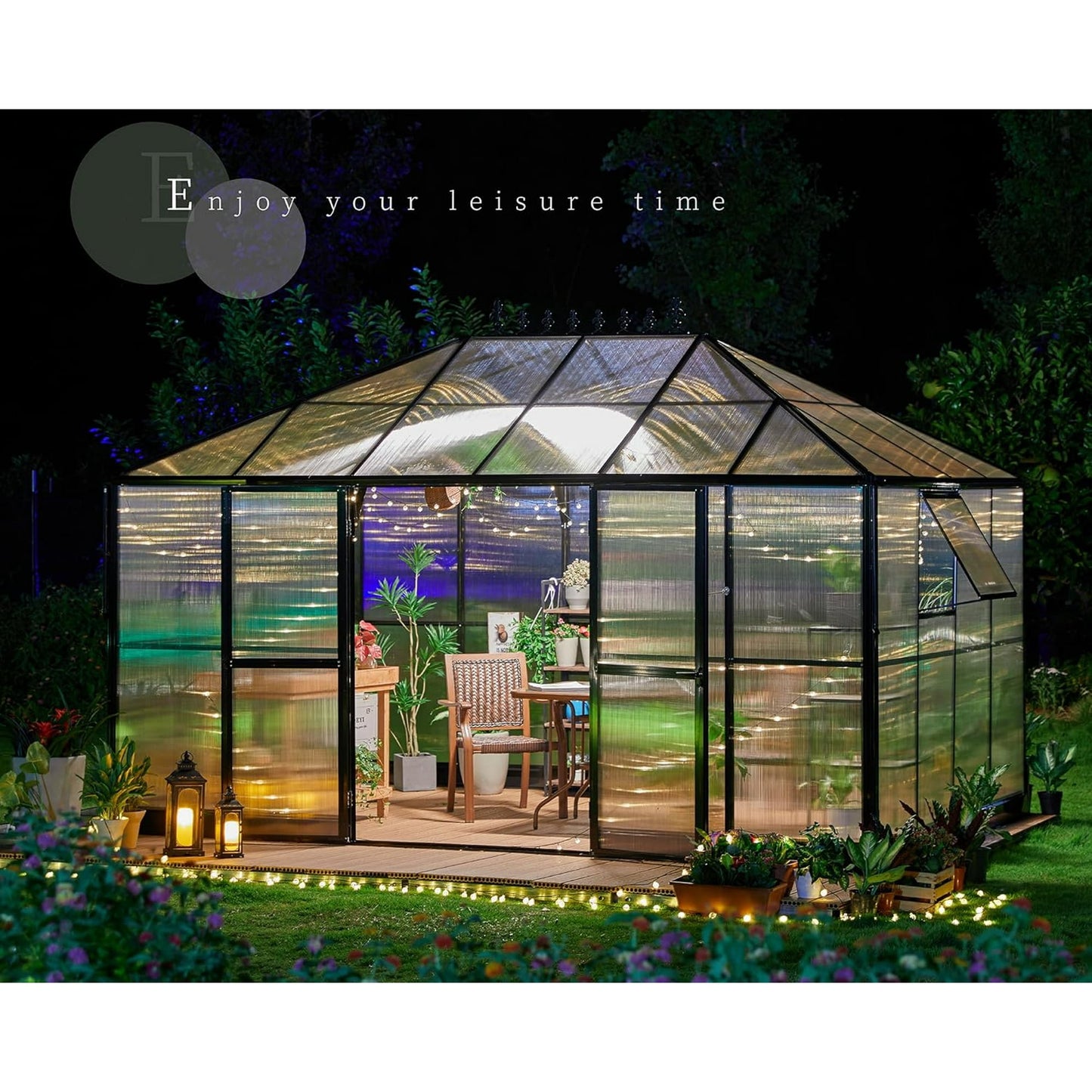 Jocisland 14x9.5x9 ft Polycarbonate Greenhouse Quick Connect Fittings, 6 FT Height Double Doors with Hook, Black