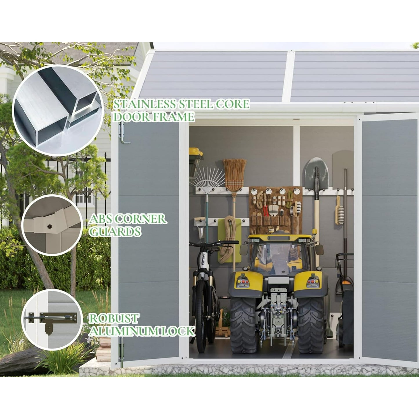LUXOAK 10.5x7.6x7.5 FT Resin Storage Shed with Floor, Tool Shed Outdoor Storage with Vents, Windows, and Stainless Steel Cores, for Bicycles/Lawnmowers/Pool Supplies, Grey