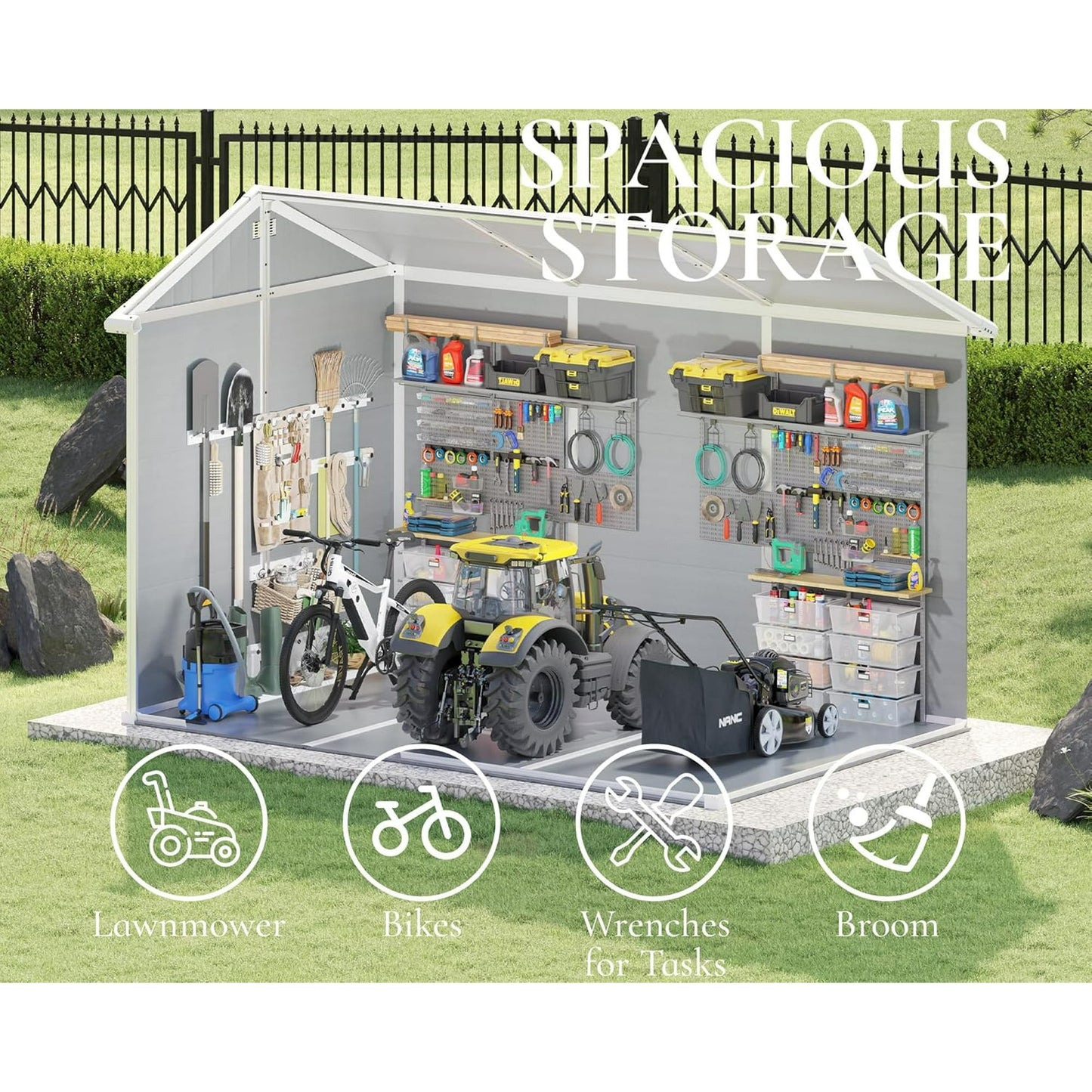 LUXOAK 10.5x7.6x7.5 FT Resin Storage Shed with Floor, Tool Shed Outdoor Storage with Vents, Windows, and Stainless Steel Cores, for Bicycles/Lawnmowers/Pool Supplies, Grey