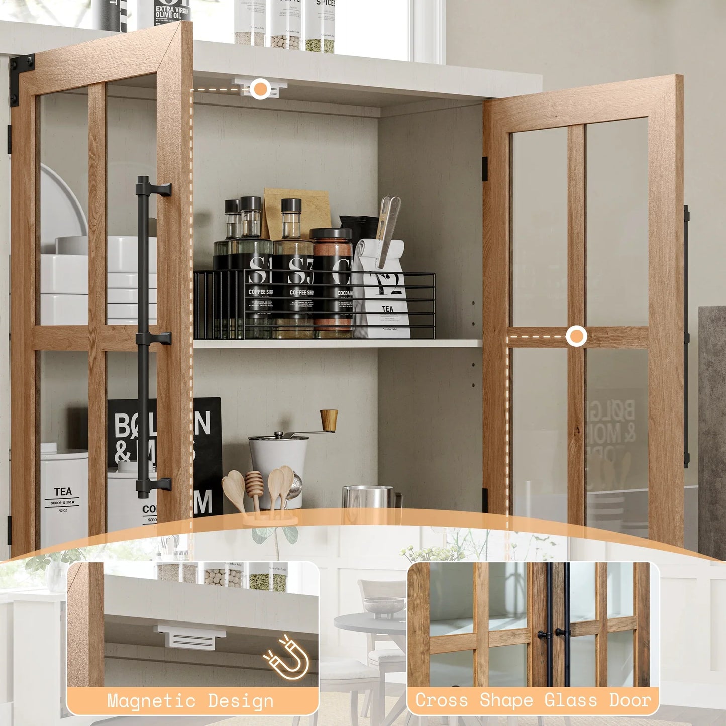 63" Buffet Sideboard Cabinet with Storage, Large Modern Farmhouse Cabinet with 4 Doors