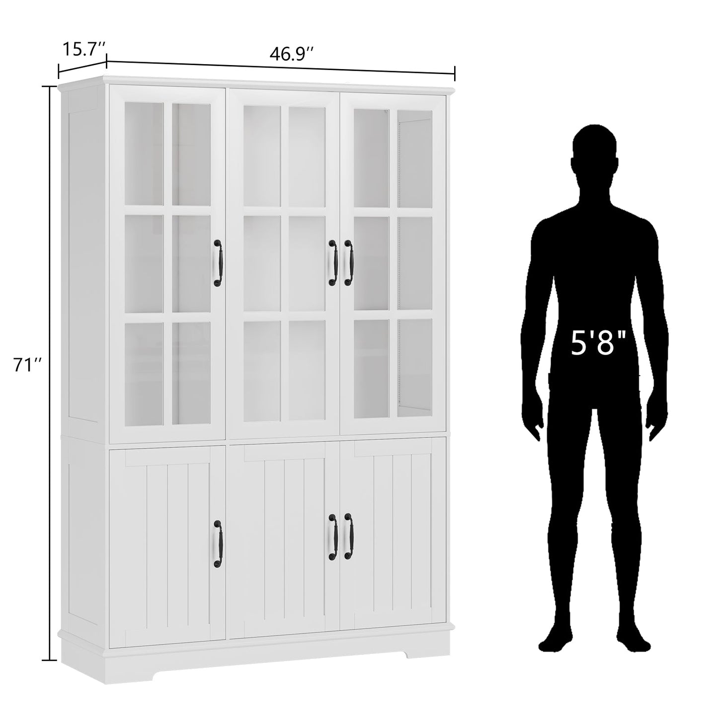 71" Tall Storage Cabinet with LED Lights, 5 Tier Large Modern Wood Kitchen Pantry with Acrylic Glass Doors & Shelves, Display Cabinet for Living room, Dining room, Bathroom