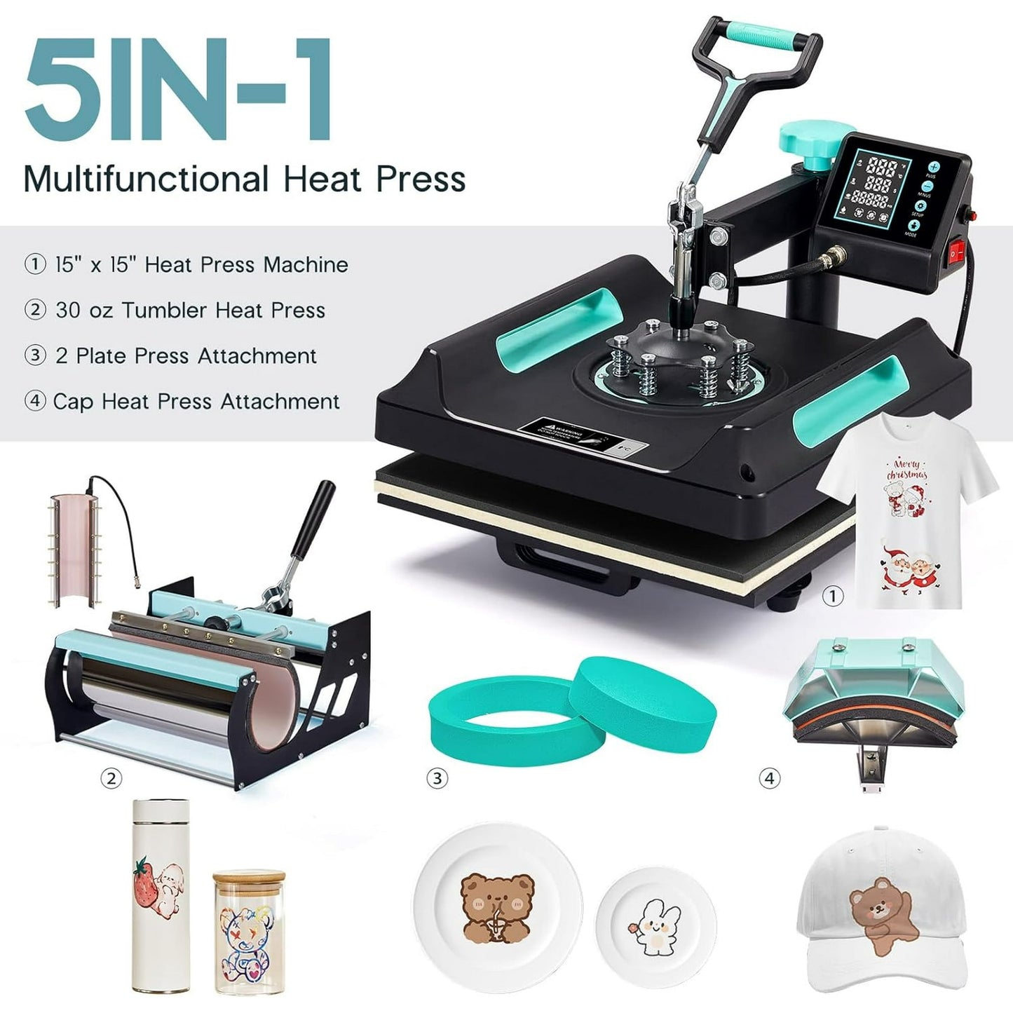 LUXOAK 5-in-1 Combo Heat Press, 15x15 360° Swing Away Heat Press Machine for T Shirts Mugs Hat Plate Cap, Digital Sublimation Device, Green Black