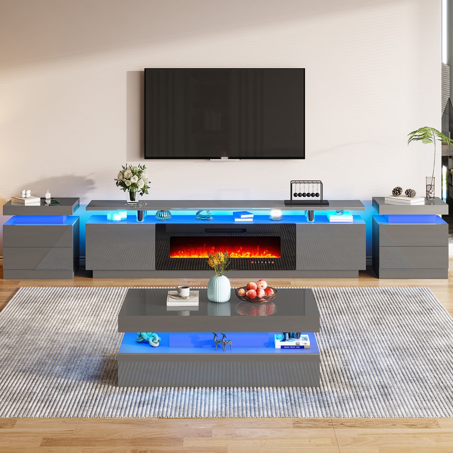 AMERLIFE High Gloss 3 Pieces Living Room Table Set, Modern LED Coffee Table Sets of 3, 2-tier Center Table with 2 End Side Tables, LED Lights Bedside Table Nightstands with Charging Station, Black