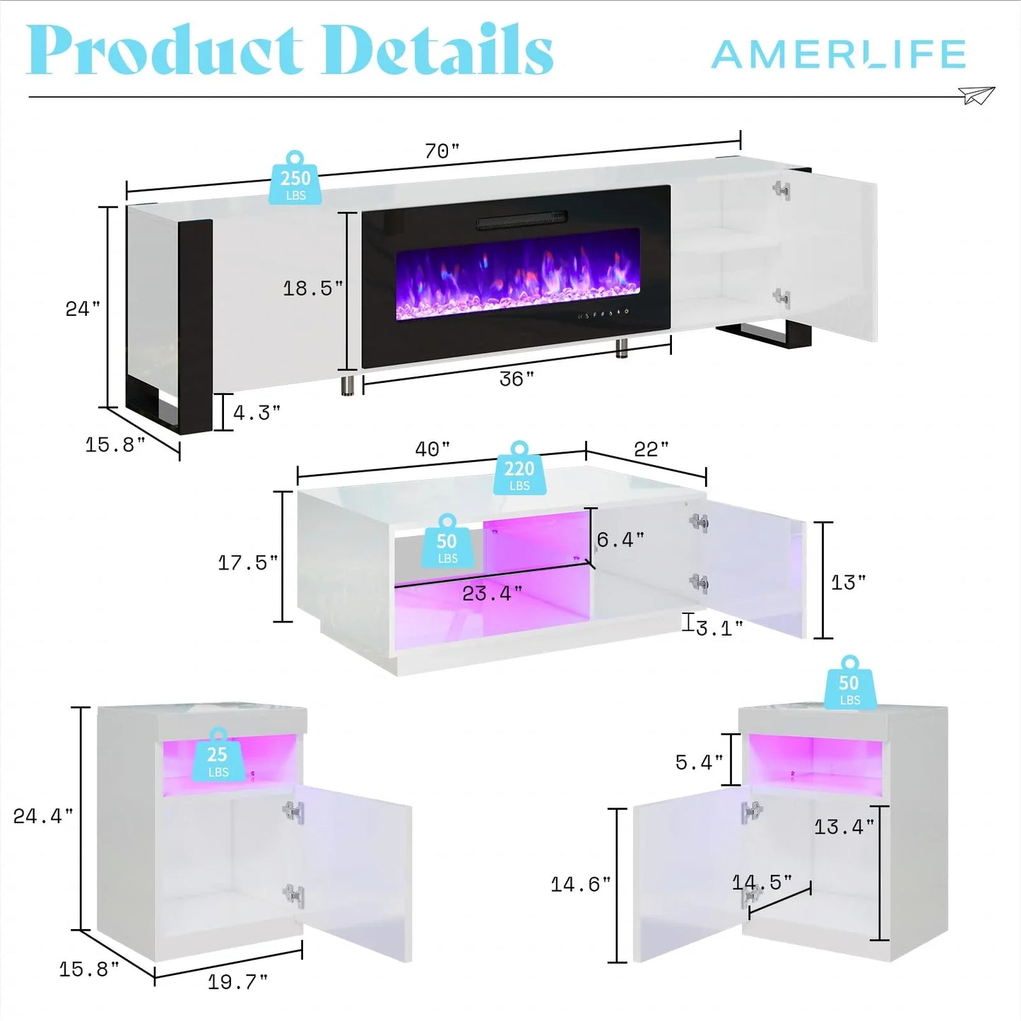 4-Piece Living Room Table Set, includes 70 Inch Fireplce TV Stand, Modern Coffee Table, LED Light Nightstands Set of 2, High Glossy Table Sets for Living Room Bedroom Office