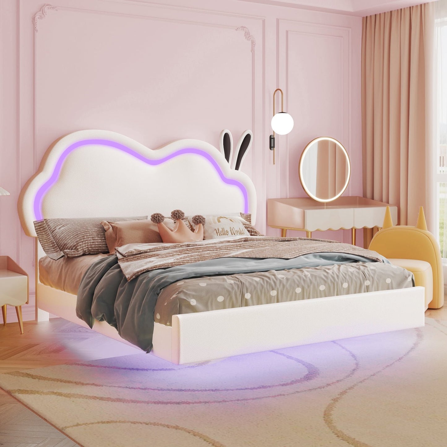 Floating Queen Bed Frame with Adjustable LED Headboard, Cute Leather Upholstered Platform Bed Frame with Wood Slats Support, Easy Assembly, No Box Spring Needed