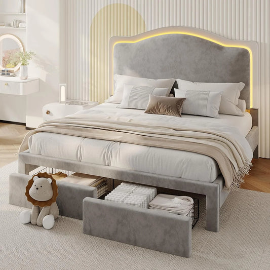 VANACC LED Twin Bed Frames with Storage Drawer, Upholstered Platform Bed with Adjustable Headboard, No Box Spring Needed, Easy Assembly