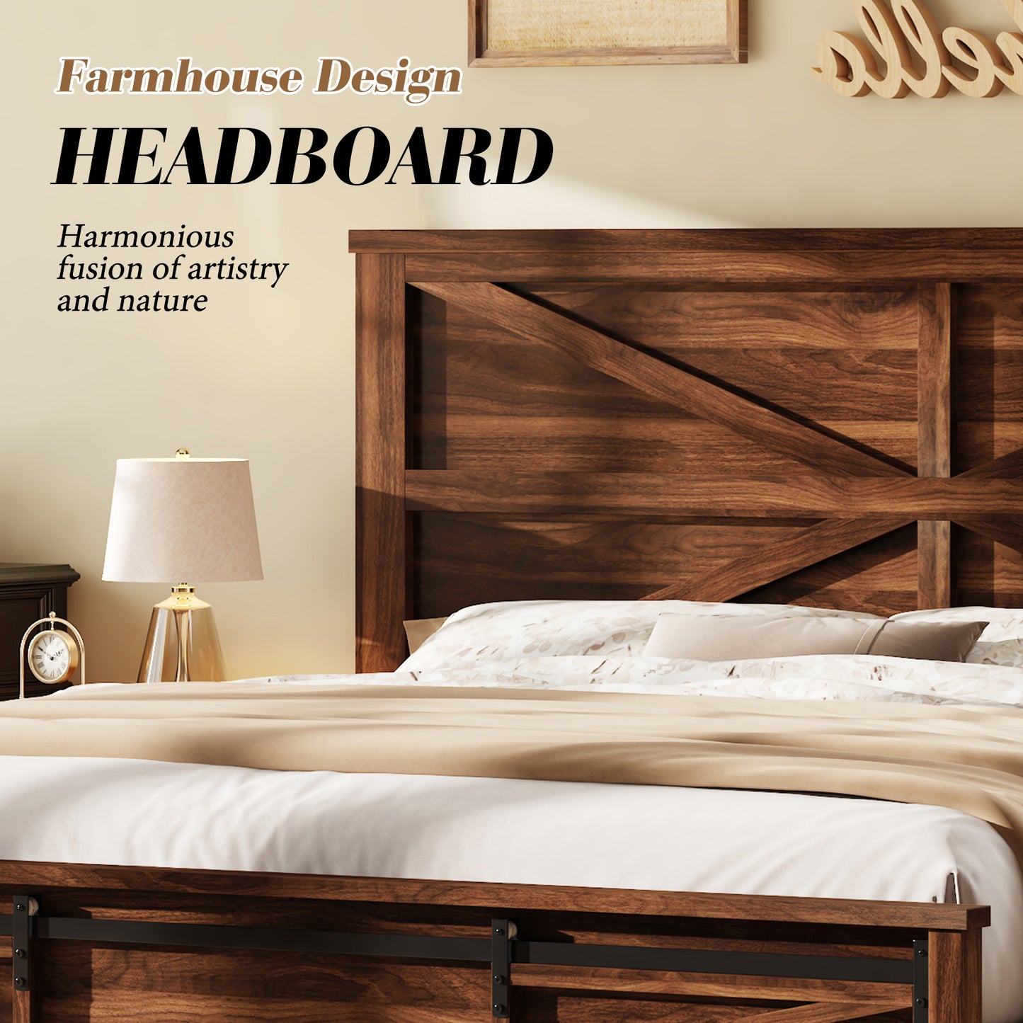 VANACC Farmhouse Wood Bed Frame with Sliding Barn Door Storage Cabinets and Headboard,Solid Wood Slats Support,No Squeak, No Box Spring Needed