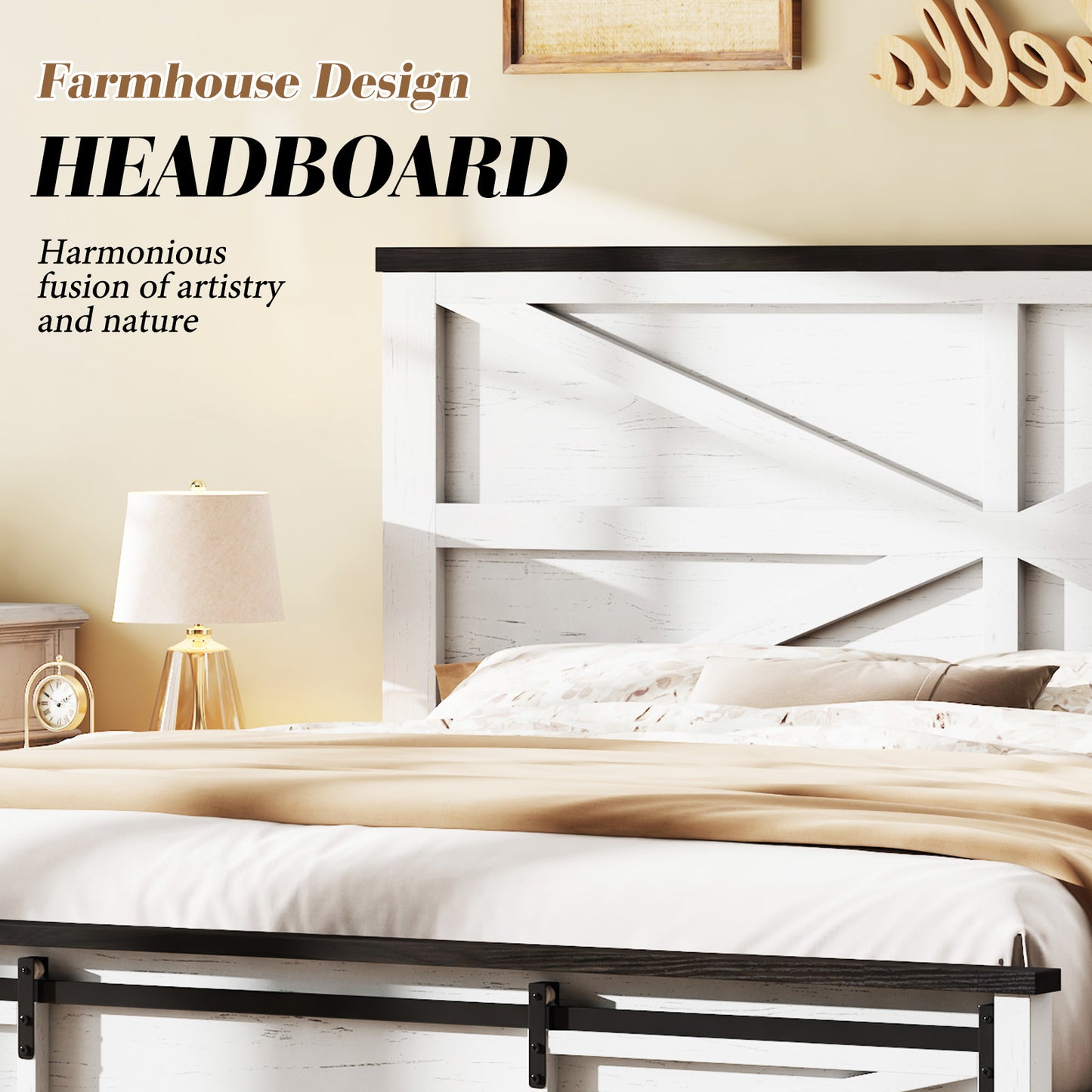 VANACC Farmhouse Wood Bed Frame with Sliding Barn Door Storage Cabinets and Headboard,Solid Wood Slats Support,No Squeak, No Box Spring Needed