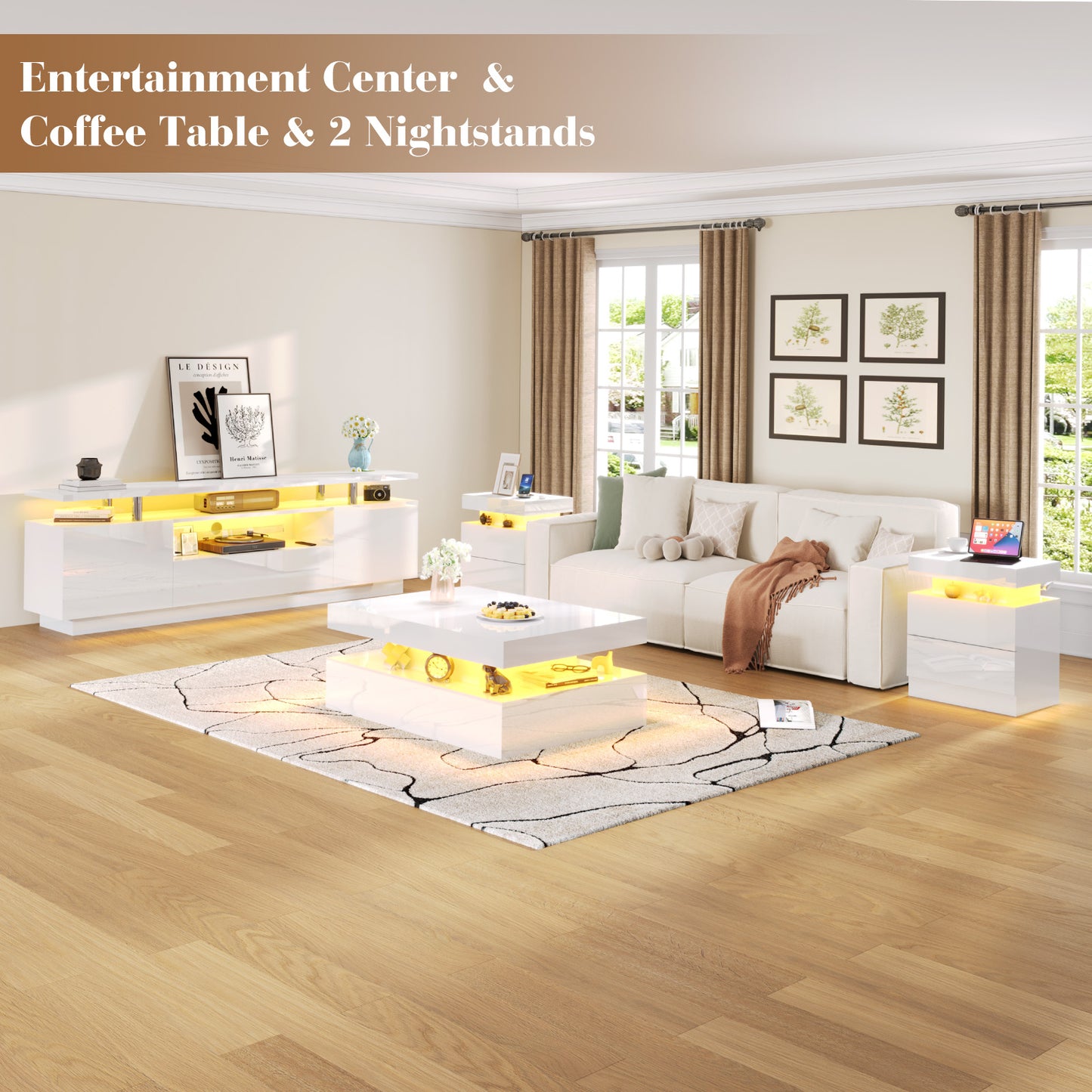 4-Piece Living Room Table Set Includes Modern 70" TV Stand, Coffee Table and Nightstands Set of 2 with LED Lights, High Glossy Coffee Table Set for Bedroom & Office, White