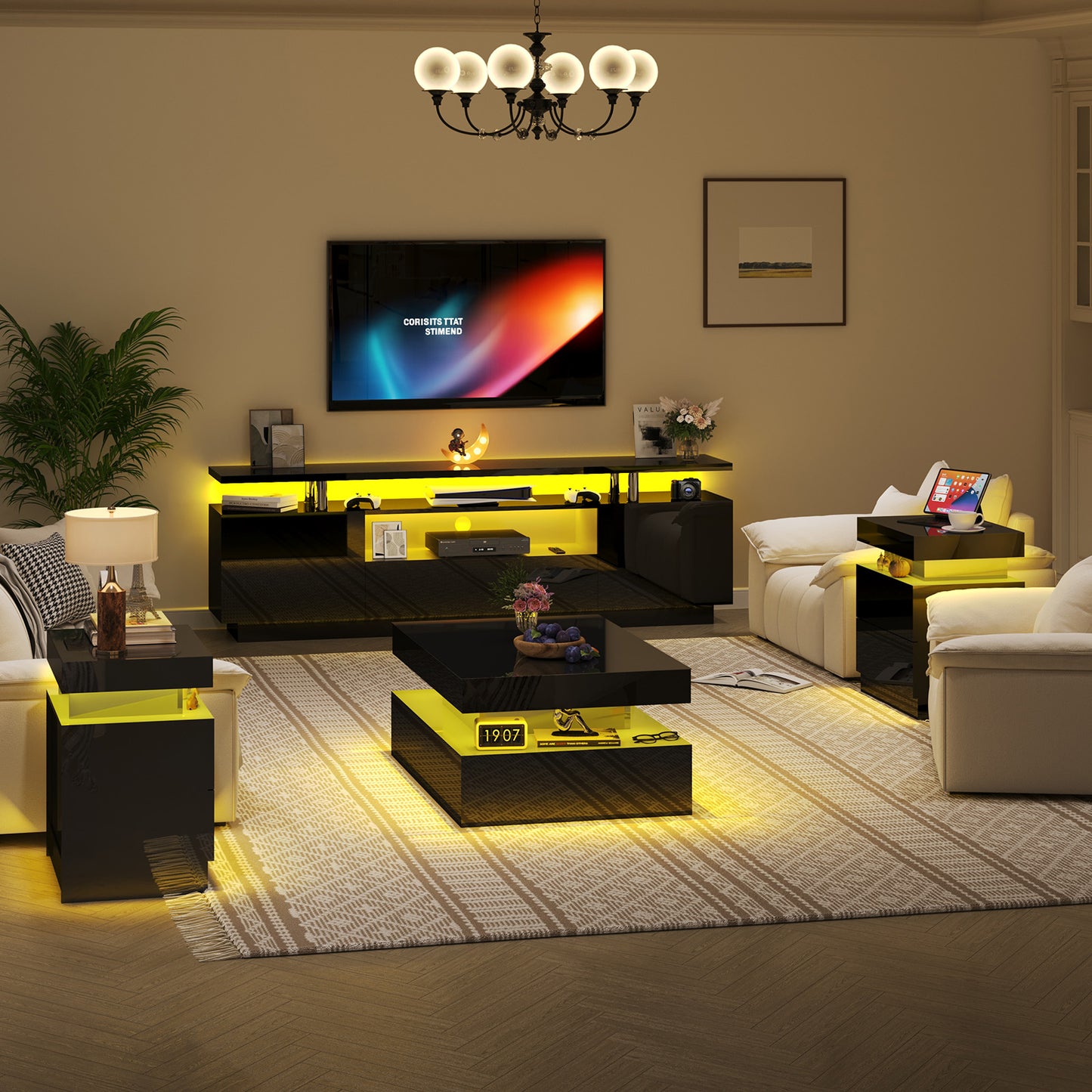 4-Piece Living Room Table Set Includes Modern 70" TV Stand, Coffee Table and Nightstands Set of 2 with LED Lights, High Glossy Coffee Table Set for Bedroom & Office, White