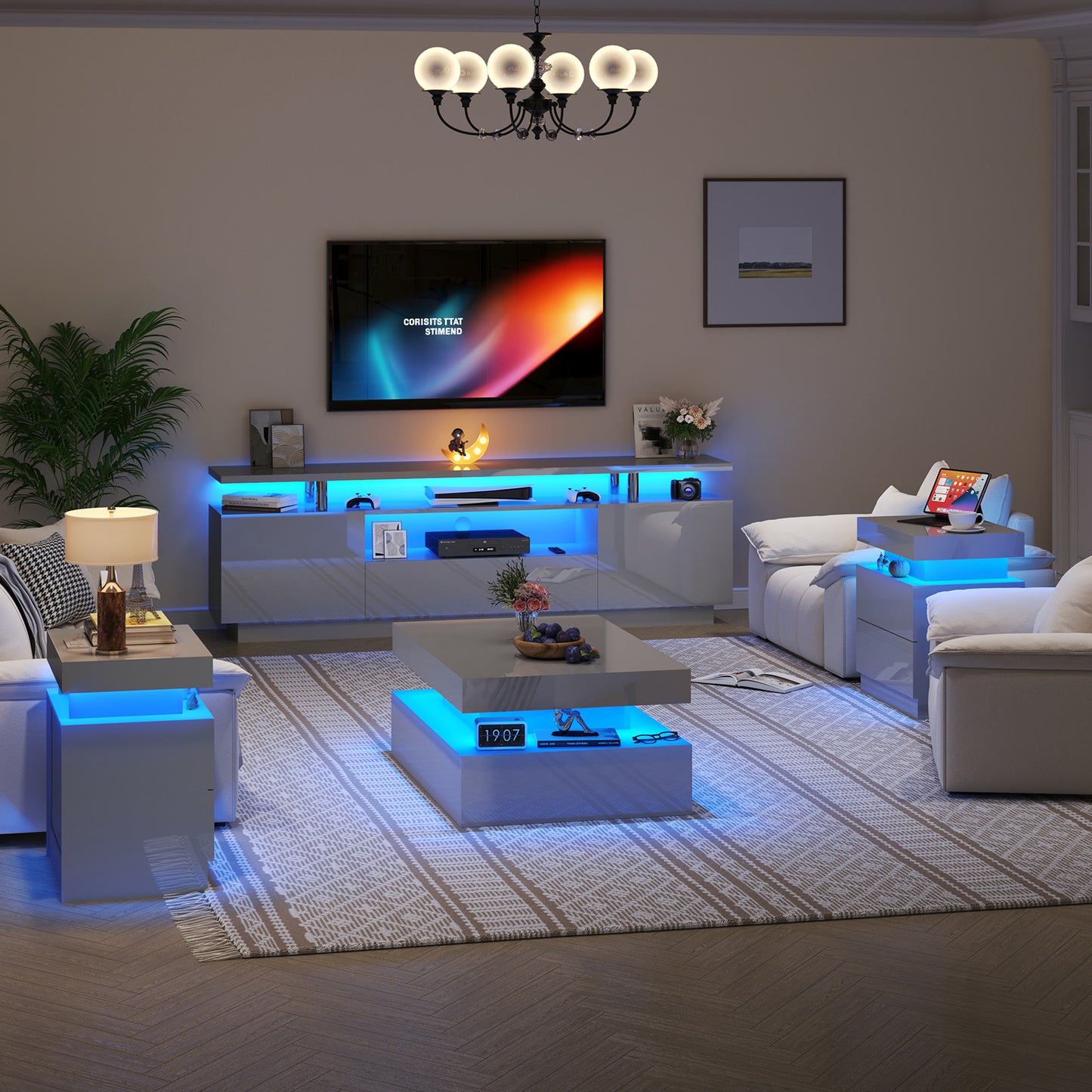 4-Piece Living Room Table Set Includes Modern 70" TV Stand, Coffee Table and Nightstands Set of 2 with LED Lights, High Glossy Coffee Table Set for Bedroom & Office, White