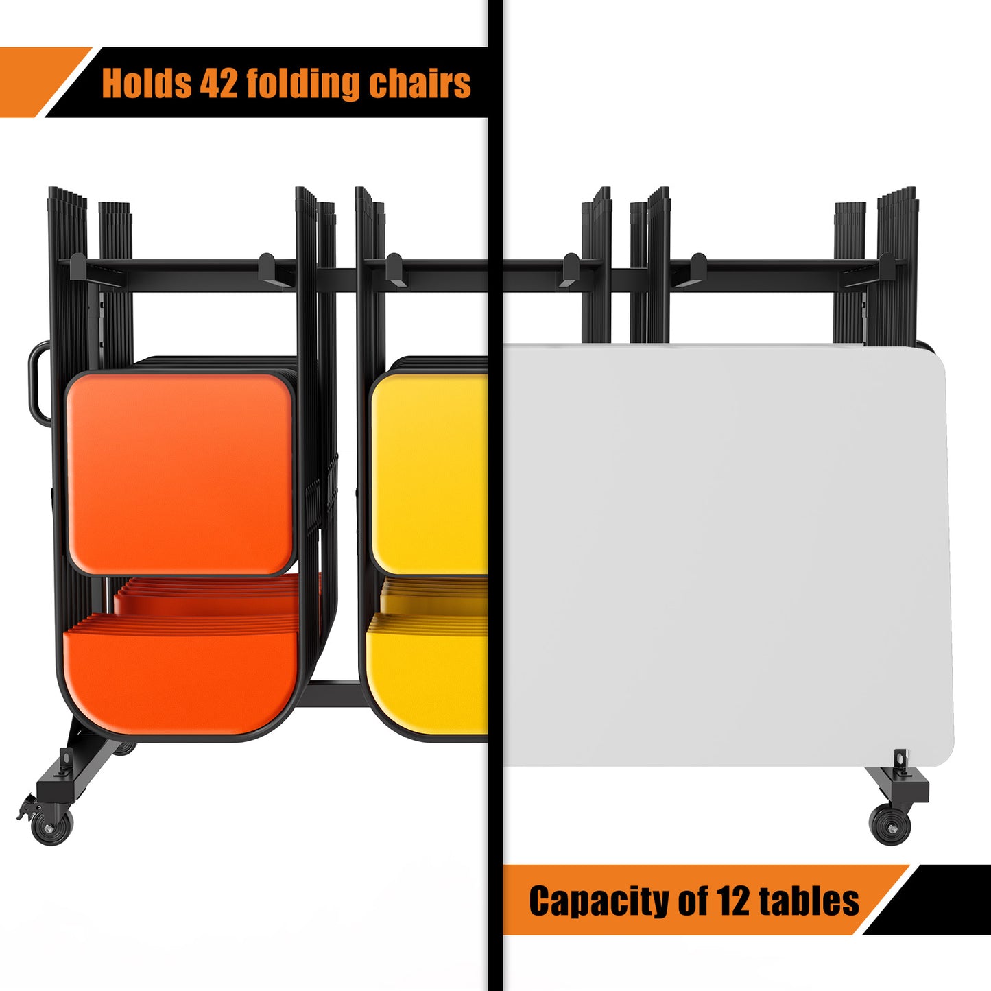 Jocisland Folding Chair Rack, Holds 12 Tables or 42 Chairs, 550 lbs Capacity, Heavy-Duty Cart with Wheels, Elastic Cords, Cover, Glossy Black