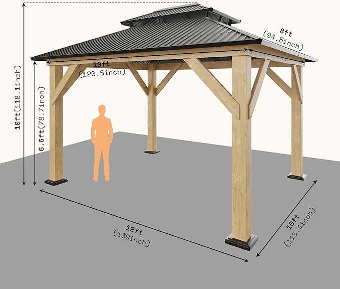Jocisland Wood Gazebo, Hardtop Gazebo with Aluminum Double Roof, Outdoor Gazebo with Wood Frame for Parties, Backyard, Lawns, Patio, Black + Natural Wood