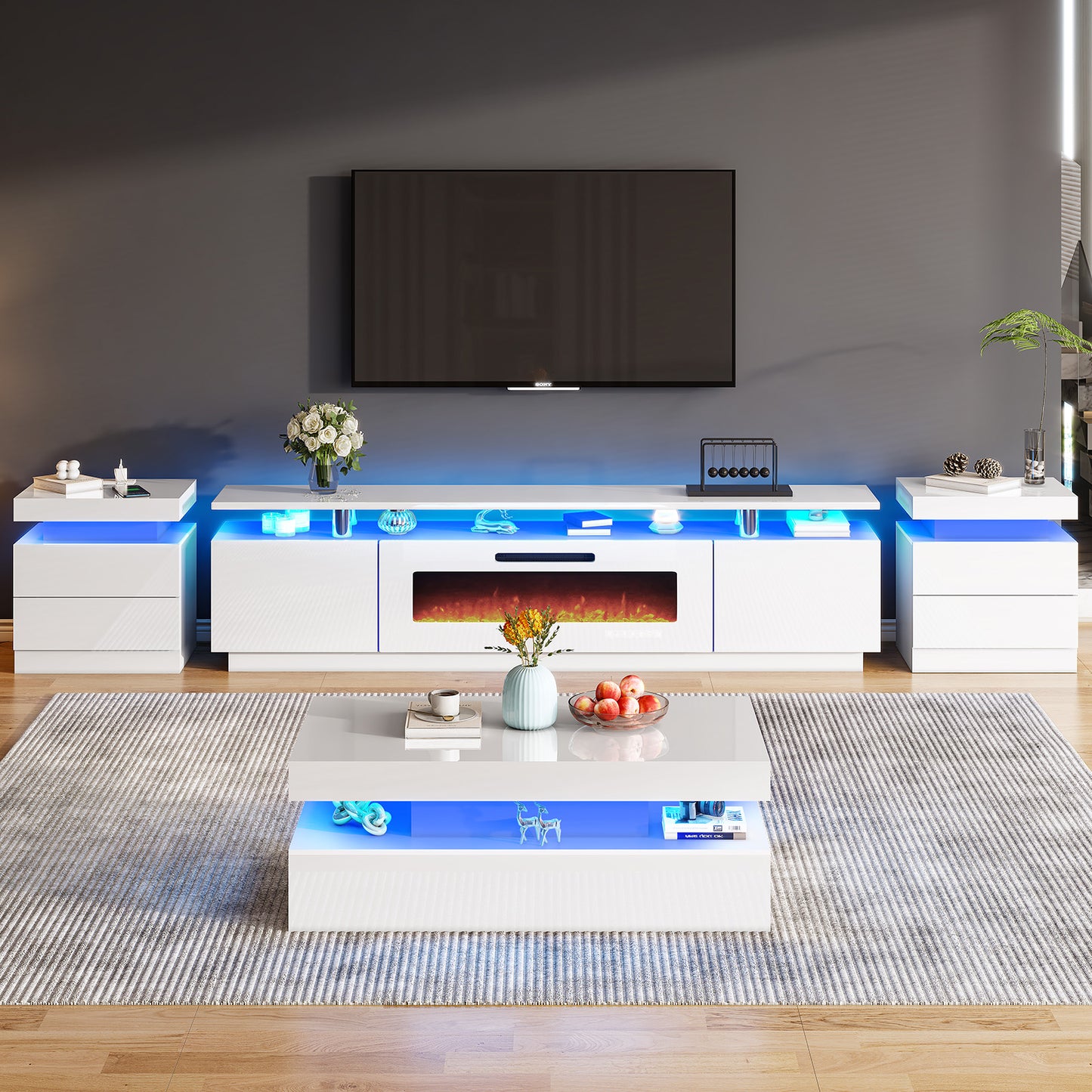 AMERLIFE High Gloss 3 Pieces Living Room Table Set, Modern LED Coffee Table Sets of 3, 2-tier Center Table with 2 End Side Tables, LED Lights Bedside Table Nightstands with Charging Station, Black