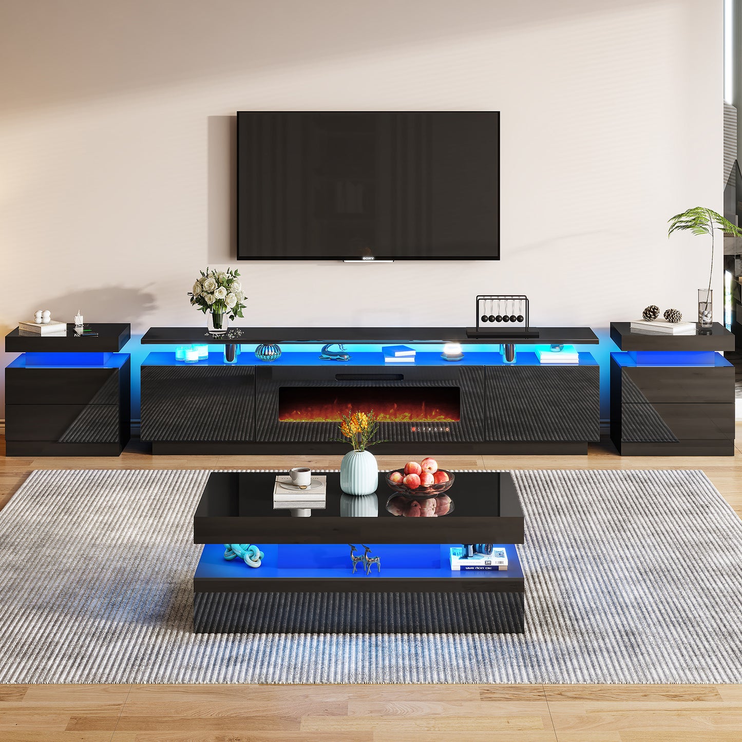 AMERLIFE High Gloss 3 Pieces Living Room Table Set, Modern LED Coffee Table Sets of 3, 2-tier Center Table with 2 End Side Tables, LED Lights Bedside Table Nightstands with Charging Station, Black