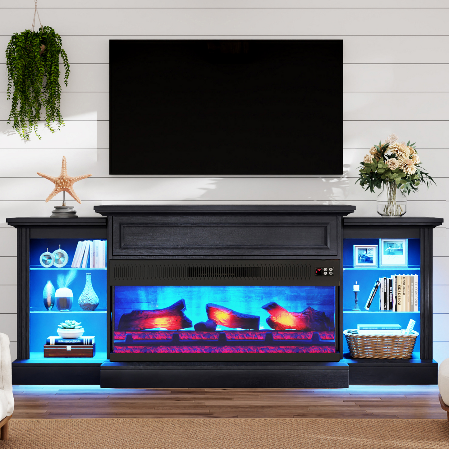 Merluxy Electric Fireplace with Mantel and Cabinet, Farmhouse 3-Sided Fireplace TV Stand for TVs, Entertainment Center with Adjustable Shelves & LED Light