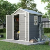 5.5 x 4.4 ft Resin Storage Shed with Floor, Tool Shed Outdoor Storage with Vents, Window, and Stainless Steel Cores, for Lawnmowers/Bicycles/Pool Supplies, Grey