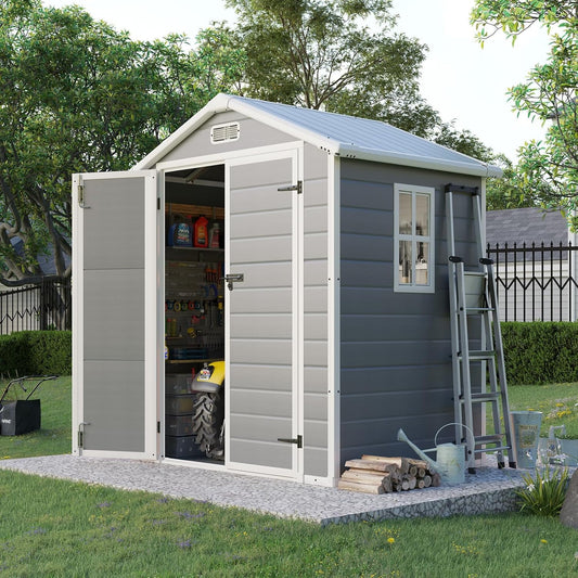 5.5 x 4.4 ft Resin Storage Shed with Floor, Tool Shed Outdoor Storage with Vents, Window, and Stainless Steel Cores, for Lawnmowers/Bicycles/Pool Supplies, Grey