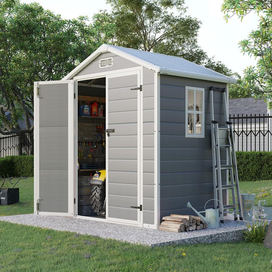 5.5 x 4.4 ft Resin Storage Shed with Floor, Tool Shed Outdoor Storage with Vents, Window, and Stainless Steel Cores, for Lawnmowers/Bicycles/Pool Supplies, Grey
