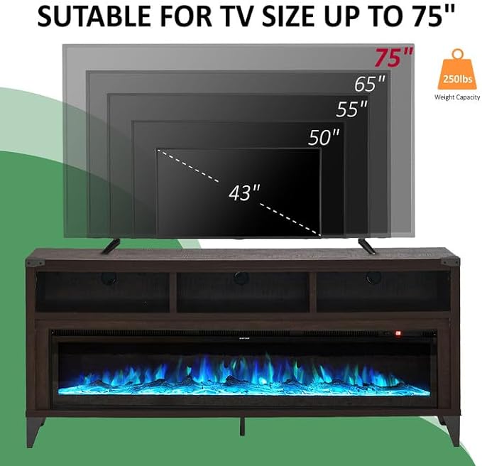 65" Fireplace TV Stand with 60" Glass Electric Fireplace, Industrial & Farmhouse Media Entertainment Center with Open Shelve Storage for TVs Up to 75", TV Console for Living Room, Gray