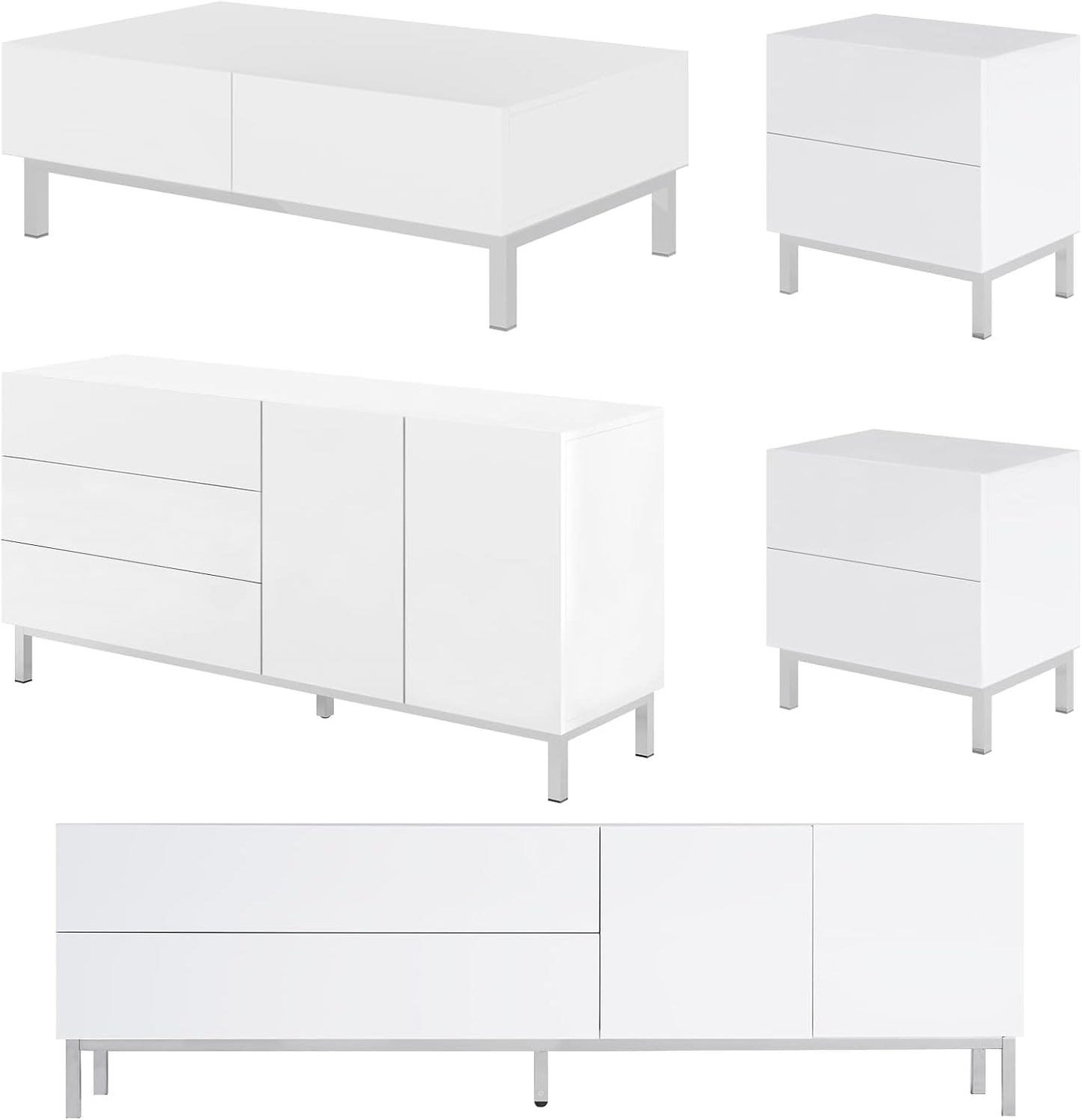 AMERLIFE High Gloss Electroplated Sideboard Buffet Storage Cabinet with LED Lights, 63" Modern Minimalist Console Table with Magnetic Doors & Drawers for Living Room, Dining Room, Entryway, White