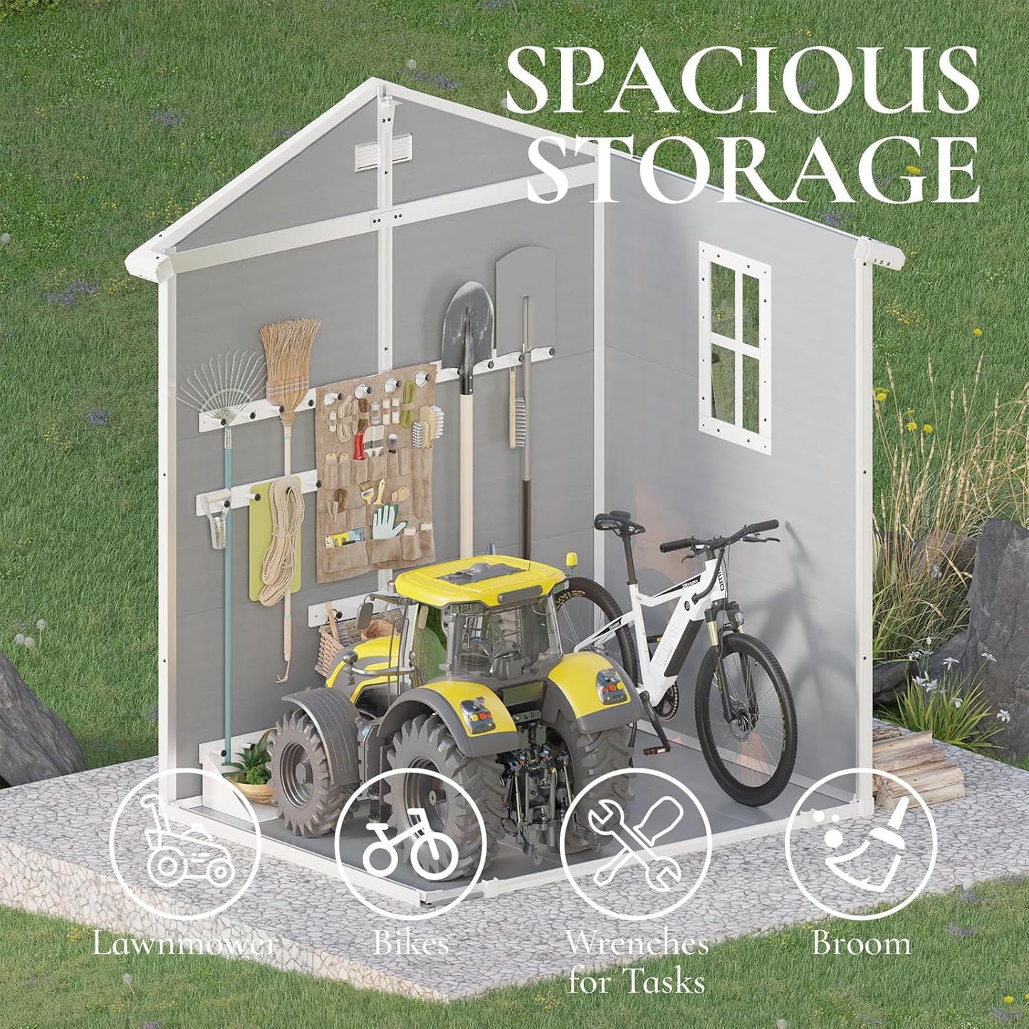 5.5 x 4.4 ft Resin Storage Shed with Floor, Tool Shed Outdoor Storage with Vents, Window, and Stainless Steel Cores, for Lawnmowers/Bicycles/Pool Supplies, Grey