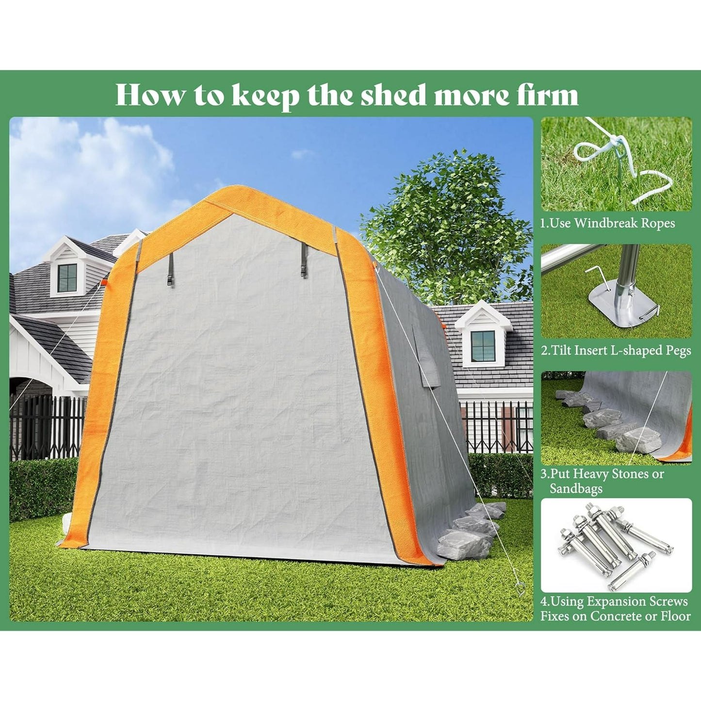 LUXOAK 6x8x6.6 ft Heavy Duty Portable Shed Storage Shelter, Outdoor Storage Shed with Roll-up Zipper Door & 2 Waterproof Windows, Carport for Motorcycle, Bike, Grey
