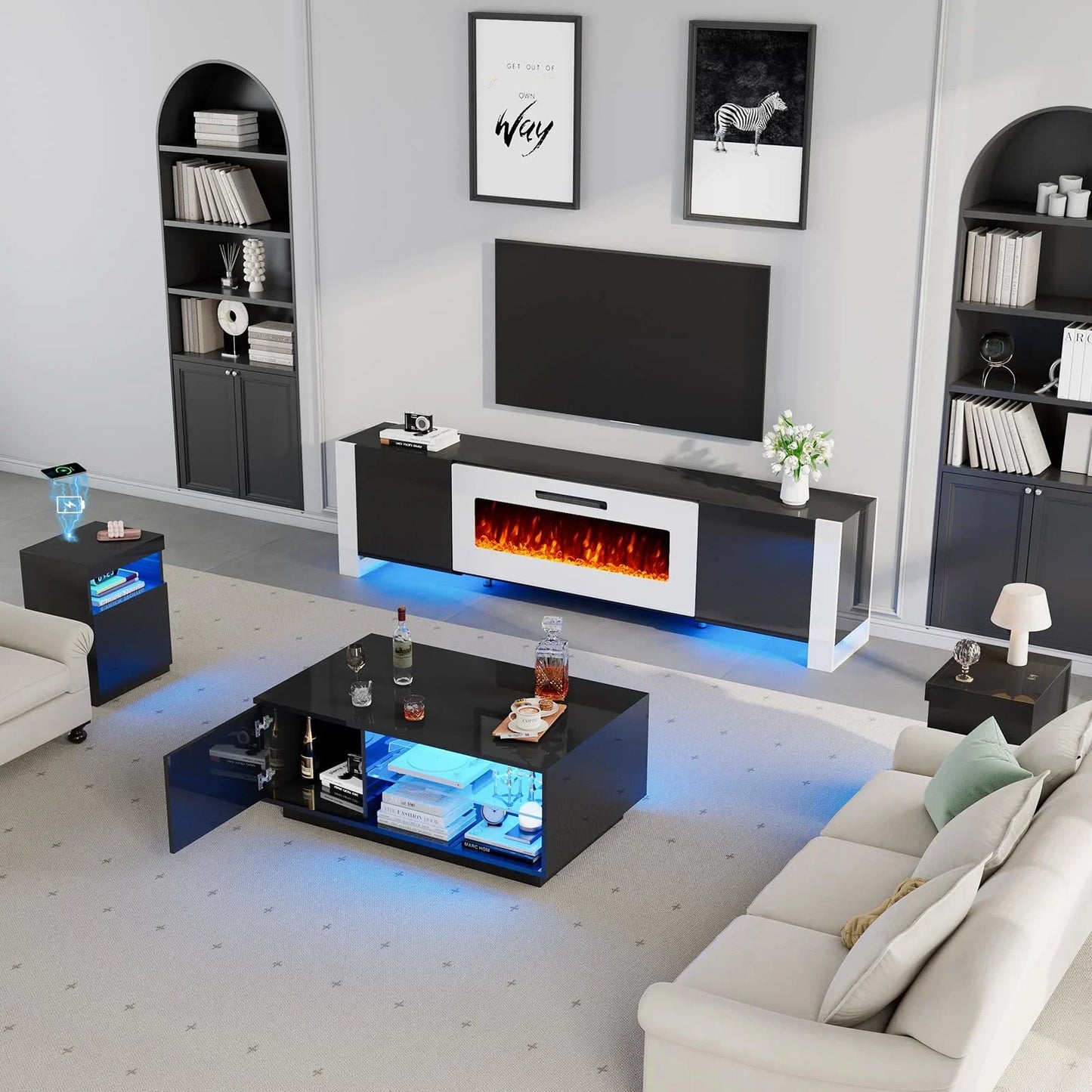 4-Piece Living Room Table Set, includes 70 Inch Fireplce TV Stand, Modern Coffee Table, LED Light Nightstands Set of 2, High Glossy Table Sets for Living Room Bedroom Office