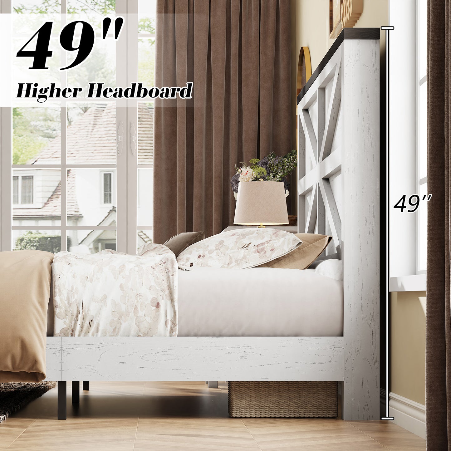 VANACC Farmhouse Wood Bed Frame with Sliding Barn Door Storage Cabinets and Headboard,Solid Wood Slats Support,No Squeak, No Box Spring Needed
