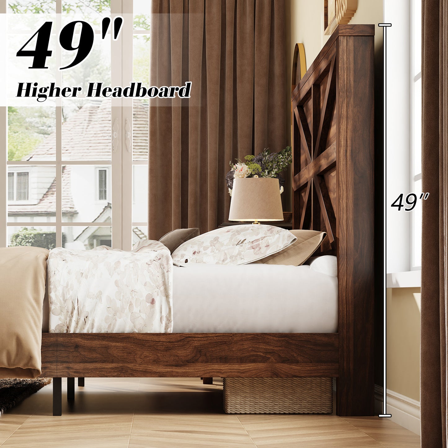 VANACC Farmhouse Wood Bed Frame with Sliding Barn Door Storage Cabinets and Headboard,Solid Wood Slats Support,No Squeak, No Box Spring Needed