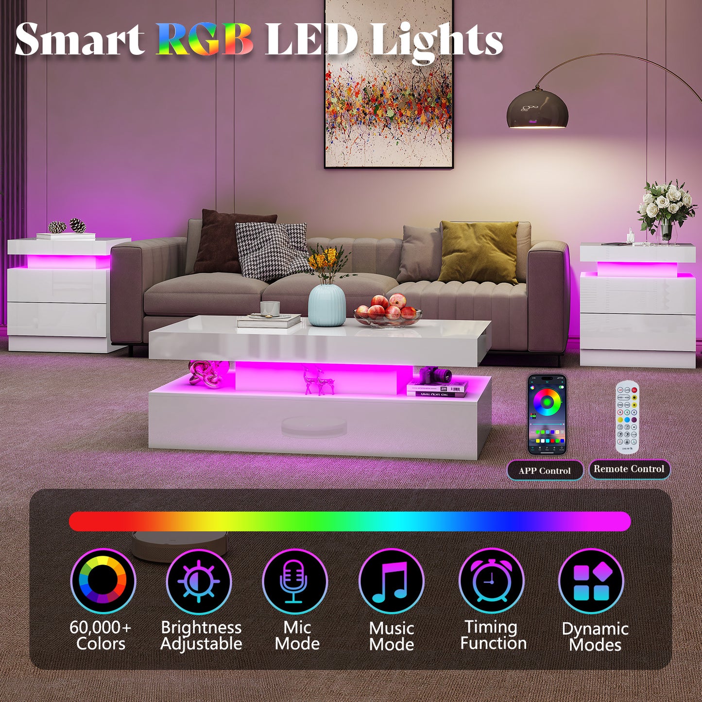 AMERLIFE High Gloss 3 Pieces Living Room Table Set, Modern LED Coffee Table Sets of 3, 2-tier Center Table with 2 End Side Tables, LED Lights Bedside Table Nightstands with Charging Station, Black