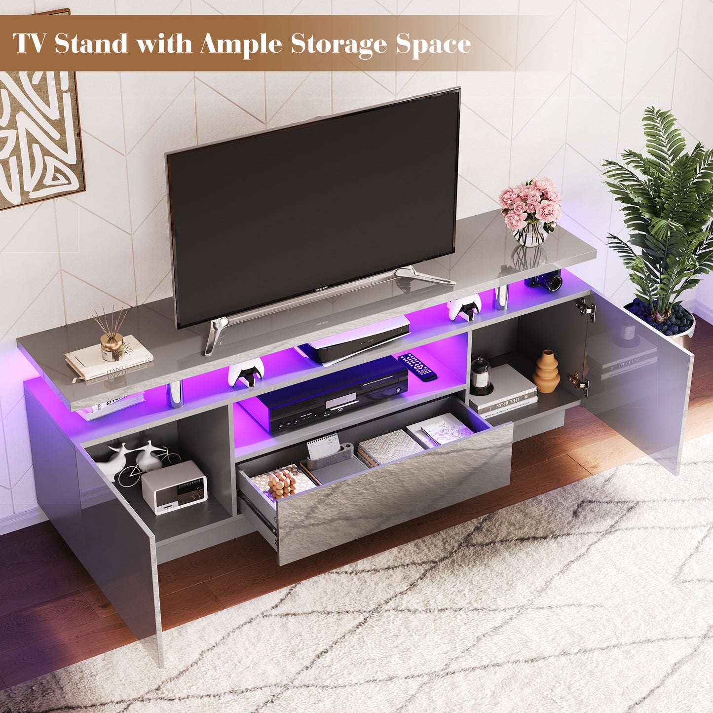 4-Piece Living Room Table Set Includes Modern 70" TV Stand, Coffee Table and Nightstands Set of 2 with LED Lights, High Glossy Coffee Table Set for Bedroom & Office, White