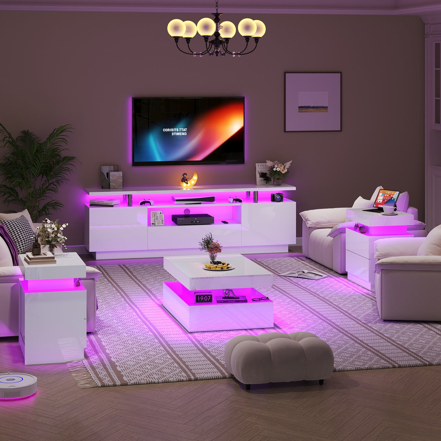 4-Piece Living Room Table Set Includes Modern 70" TV Stand, Coffee Table and Nightstands Set of 2 with LED Lights, High Glossy Coffee Table Set for Bedroom & Office, White