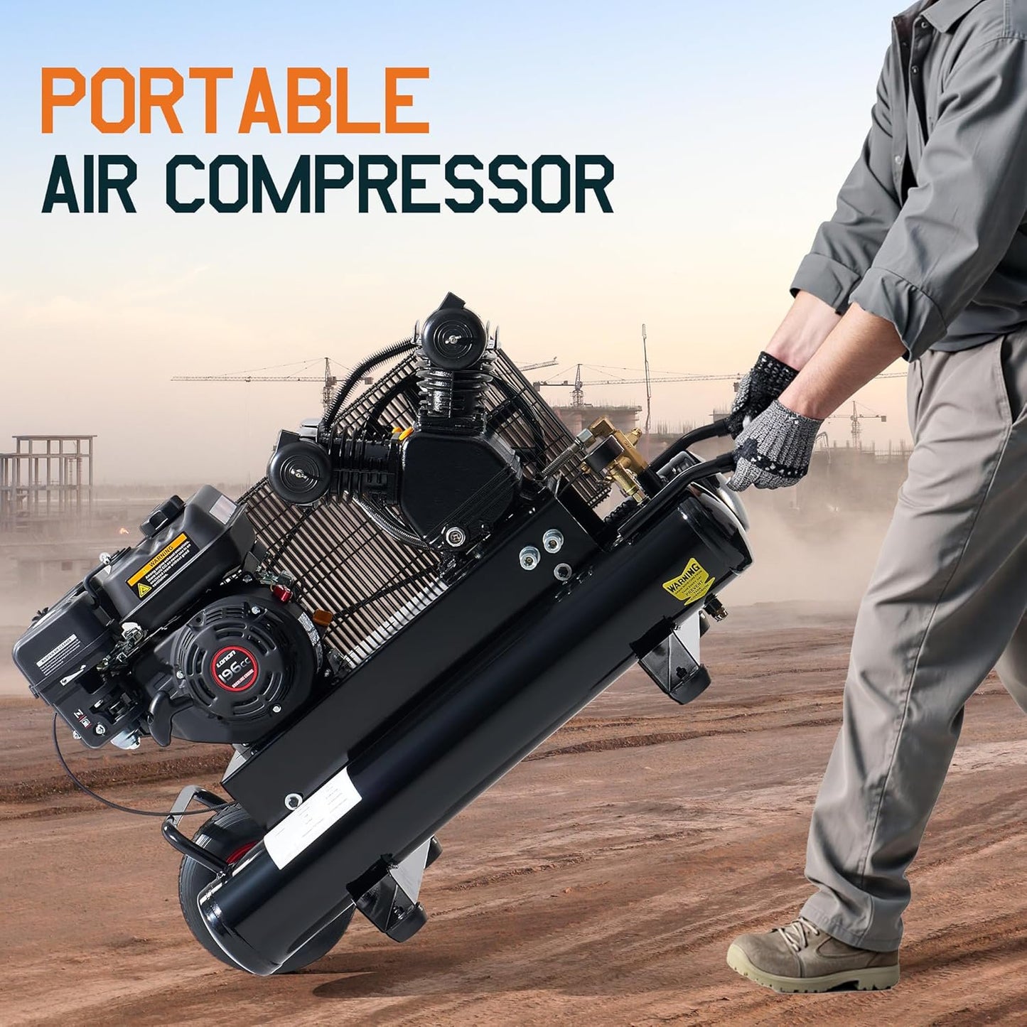 Jocisland 6.5HP Gas Powered Air Compressor, 20 Gallon Horizontal Tank with Wheels 10.7CFM@Max 115PSI, 196cc Loncin Engine Gasoline Driven Piston Pump Air Compressor for Workshop, Construction Sites