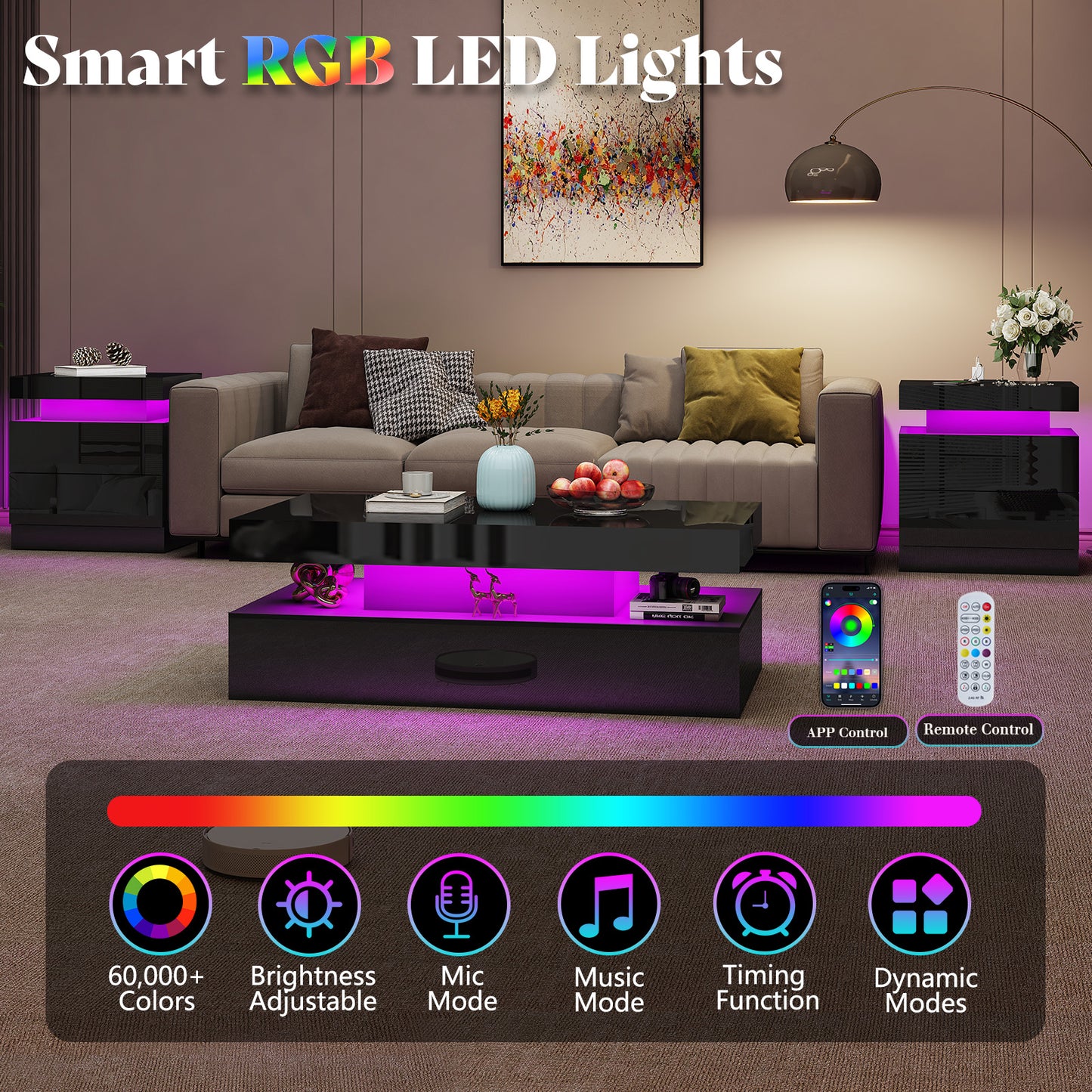 AMERLIFE High Gloss 3 Pieces Living Room Table Set, Modern LED Coffee Table Sets of 3, 2-tier Center Table with 2 End Side Tables, LED Lights Bedside Table Nightstands with Charging Station, Black