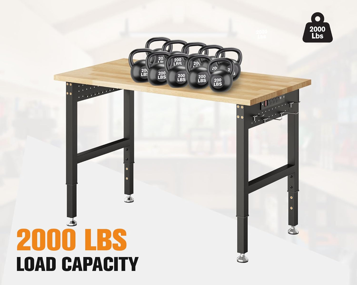 LUXOAK Adjustable Workbench with Power Outlets, 2000 Lbs Capacity Rubber Wood Top Work Benches for Garage, Heavy Duty Work bench, Office, Studio